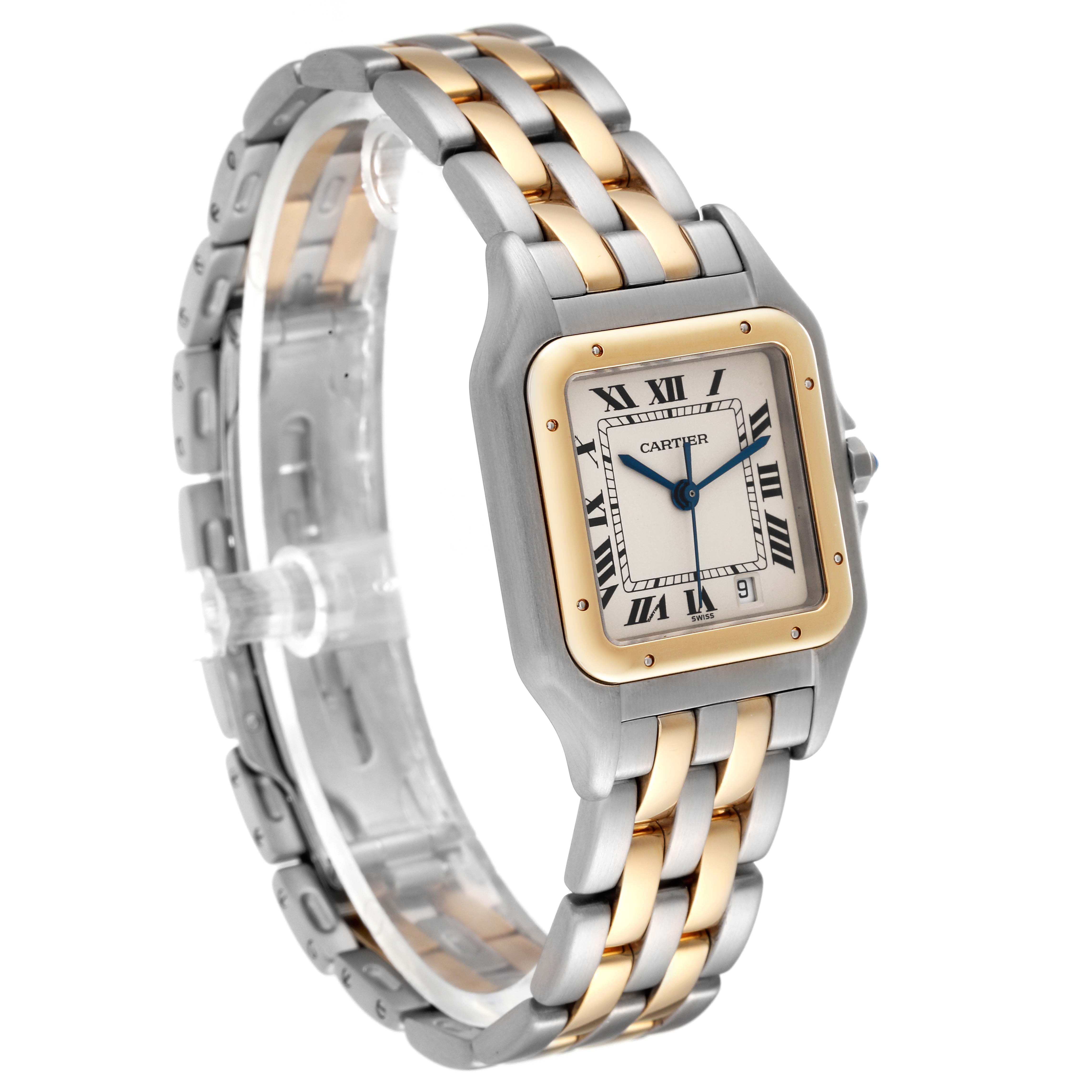 The Panthere de Cartier watch is shown from a left-side angle highlighting the face, bezel, and bicolor bracelet.