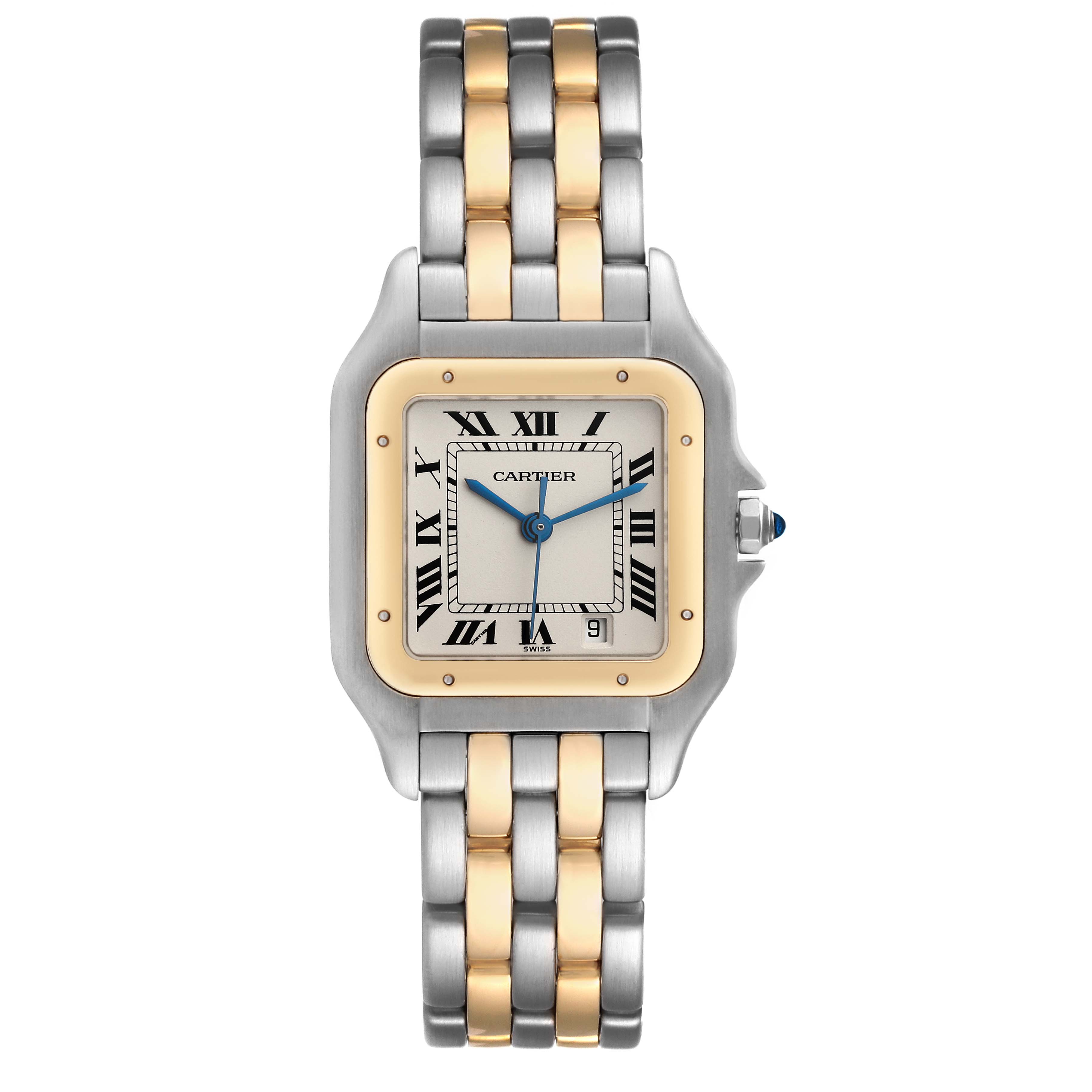 The image shows a front view of a Cartier Panthere W25028B6 Women's Steel and Gold (two tone) Silver Dial W25028B6 Women's Steel and Gold (two tone) Silver Dial watch, highlighting its two-tone metal band and square face with Roman numerals.