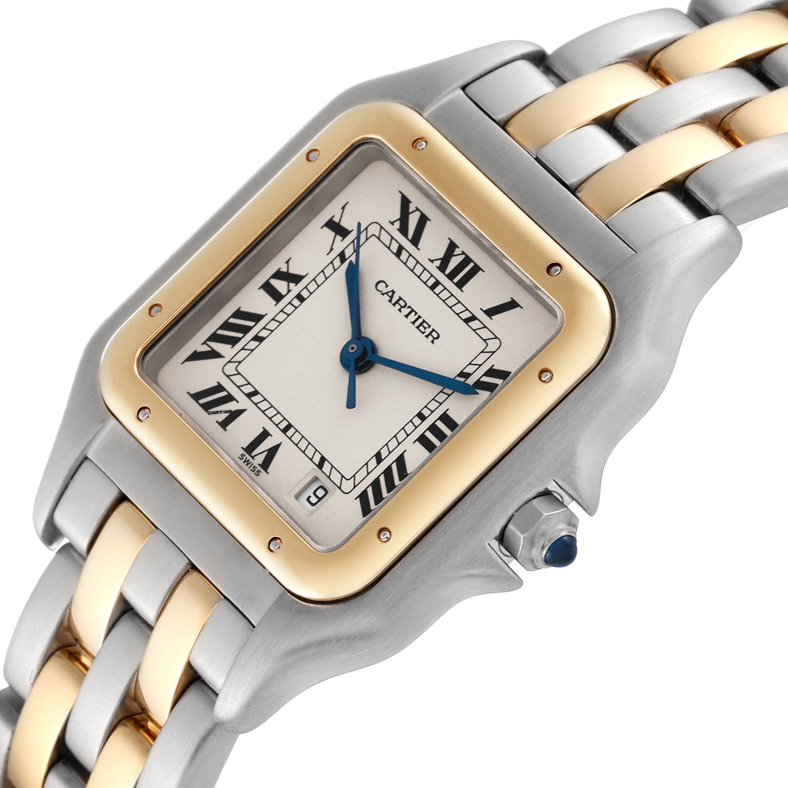 This image shows a close-up of the Cartier Panthere W25028B6 Women's Steel and Gold (two tone) Silver Dial W25028B6 Women's Steel and Gold (two tone) Silver Dial watch face and part of the bracelet.