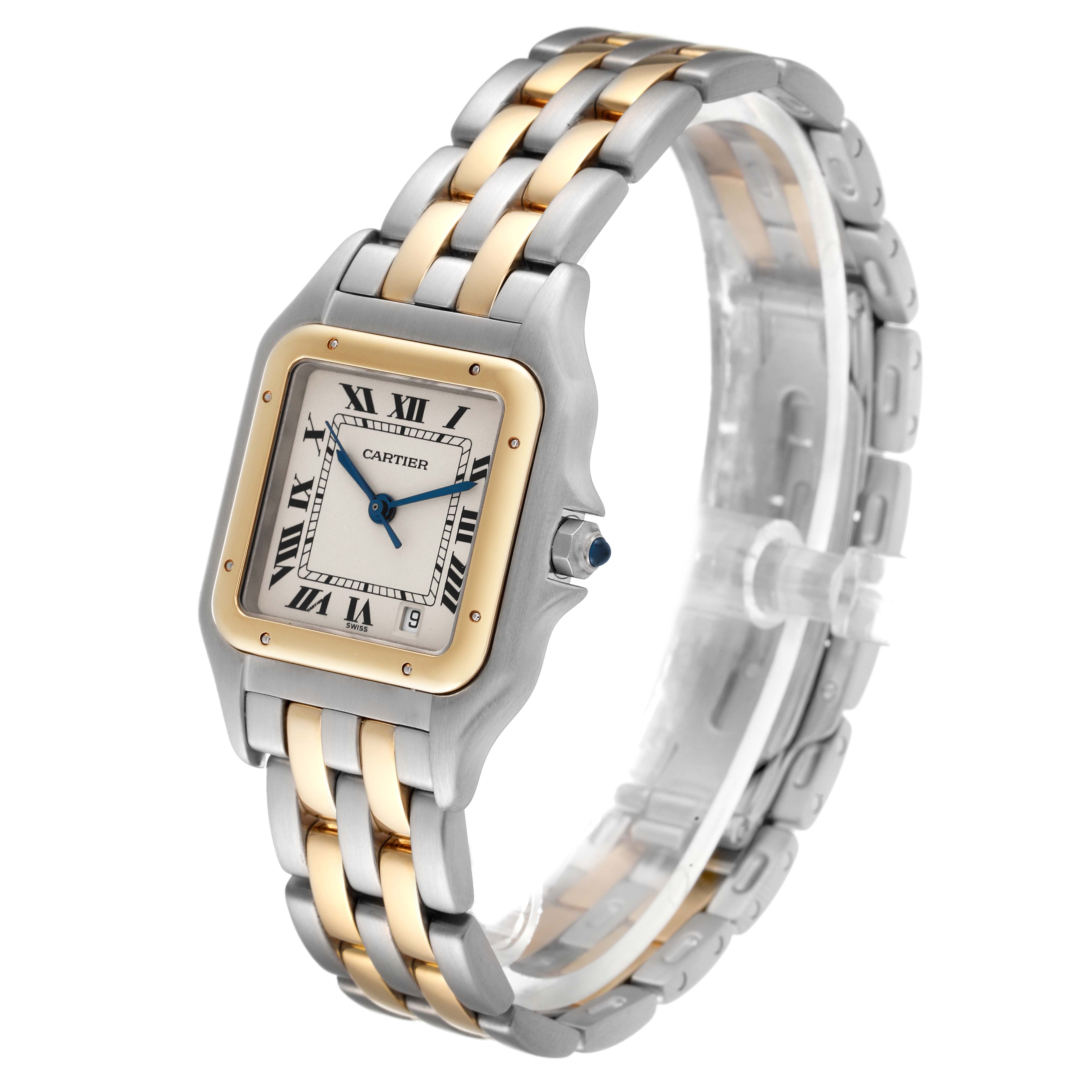 The image shows a Cartier Panthere W25028B6 Women's Steel and Gold (two tone) Silver Dial W25028B6 Women's Steel and Gold (two tone) Silver Dial watch at an angle highlighting its two-tone metal band and rectangular face with Roman numerals.