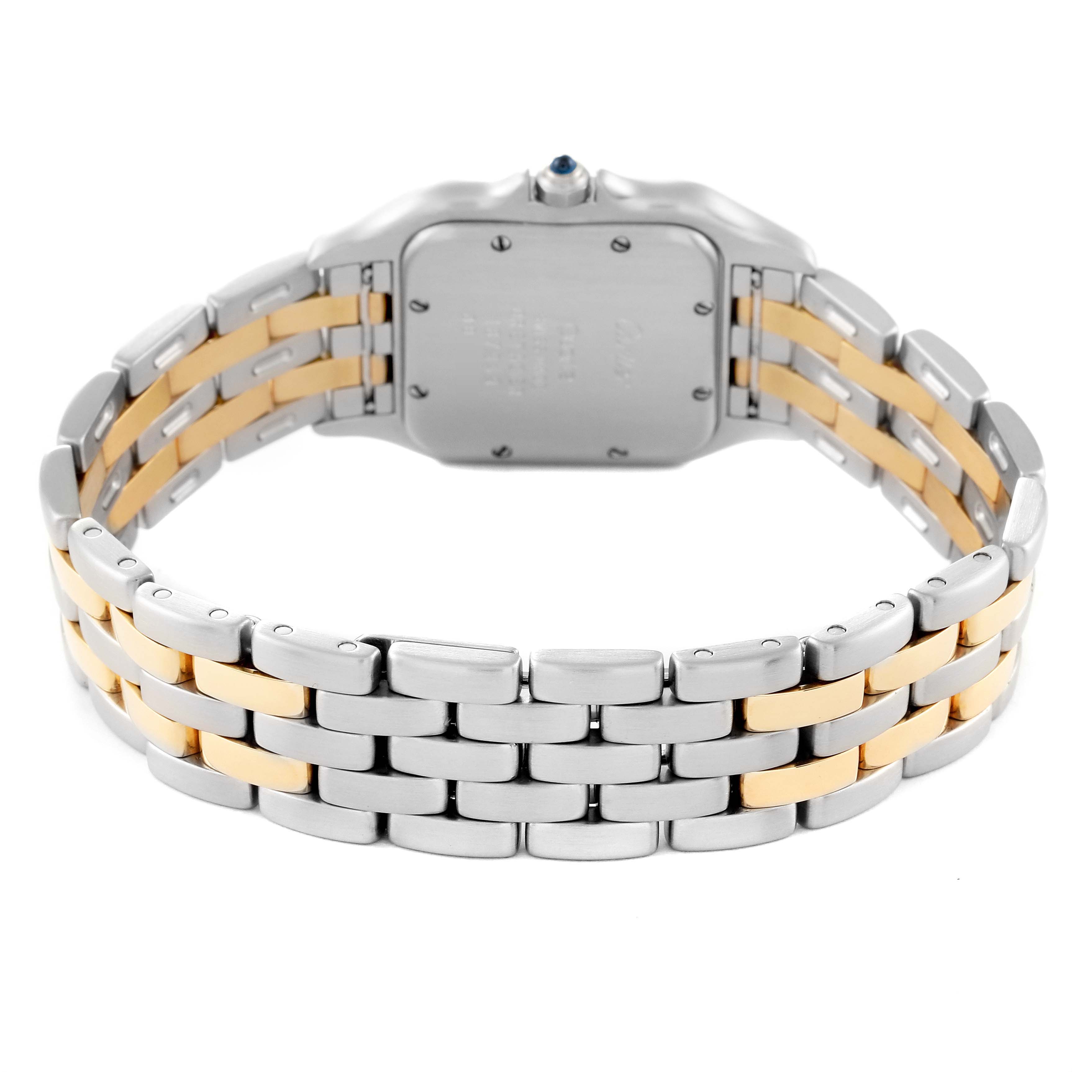 The image shows the back view of a Cartier Panthere W25028B6 Women's Steel and Gold (two tone) Silver Dial W25028B6 Women's Steel and Gold (two tone) Silver Dial watch, focusing on its stainless steel and gold bracelet.