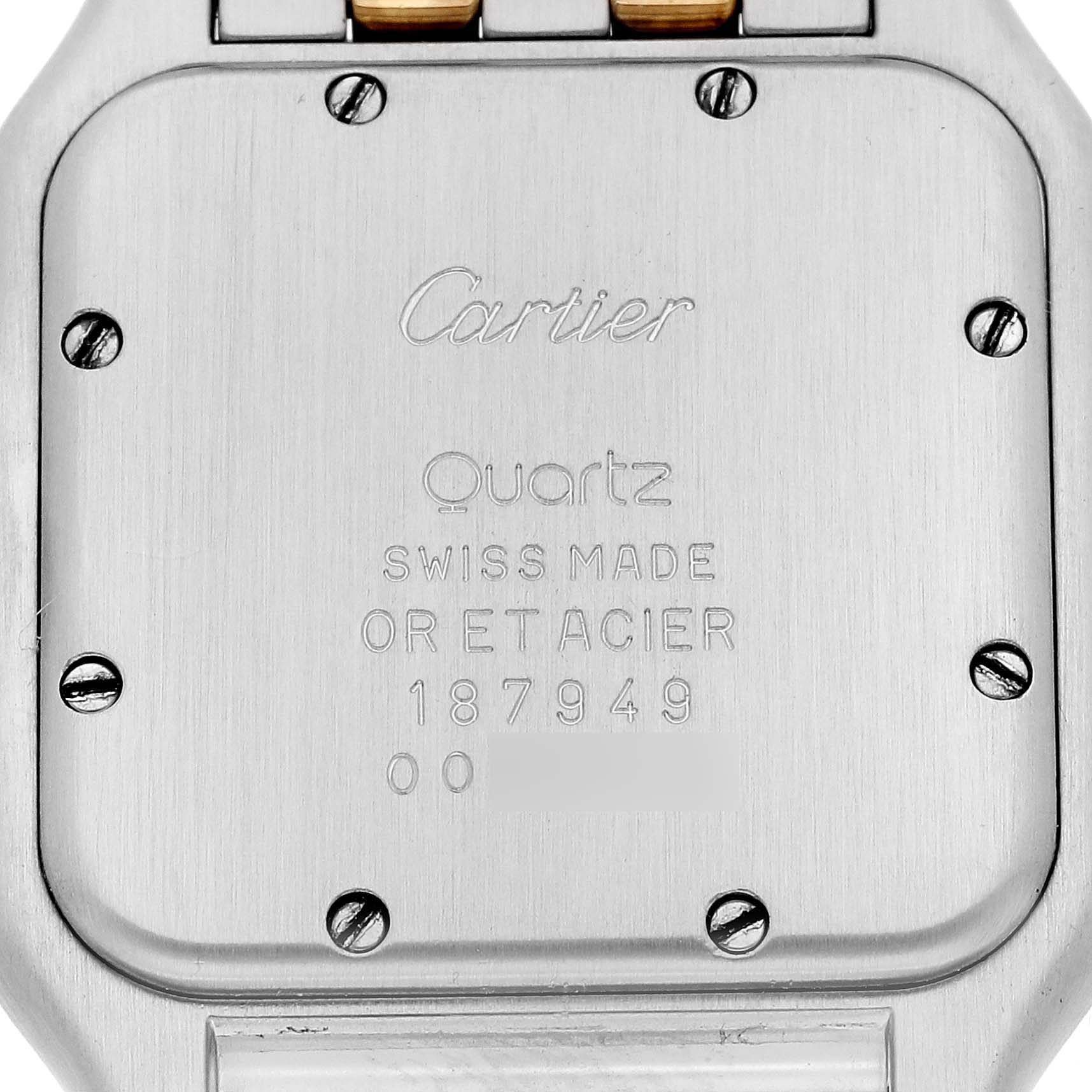 This image shows the back case of the Cartier Panthere W25028B6 Women's Steel and Gold (two tone) Silver Dial W25028B6 Women's Steel and Gold (two tone) Silver Dial watch, displaying its engraved details.