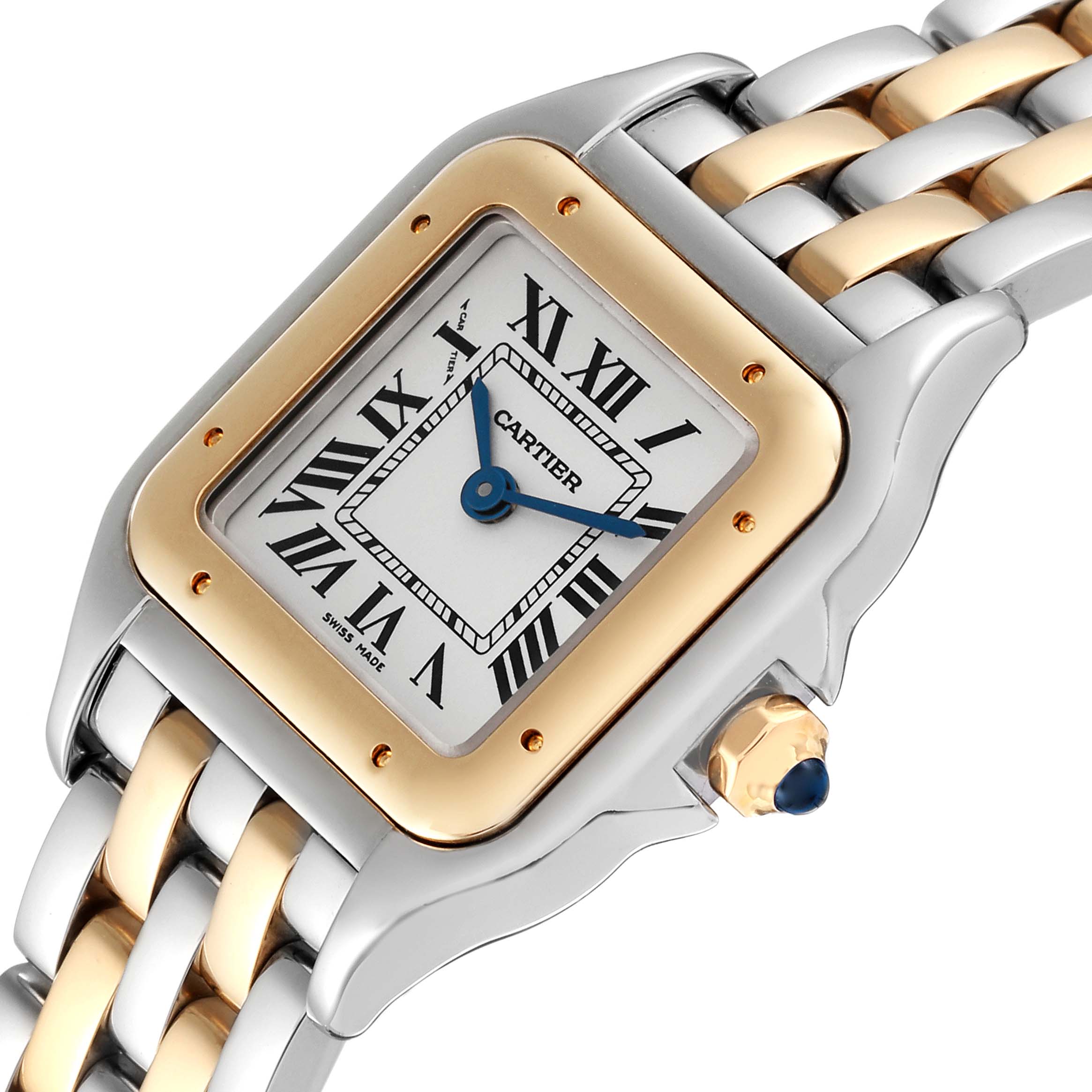 The image shows a close-up angle of the Cartier Panthere W2PN0006 Women's Steel and Gold (two tone) Silver Dial W2PN0006 Women's Steel and Gold (two tone) Silver Dial watch, highlighting its square face, Roman numerals, gold bezel, and two-tone bracelet.