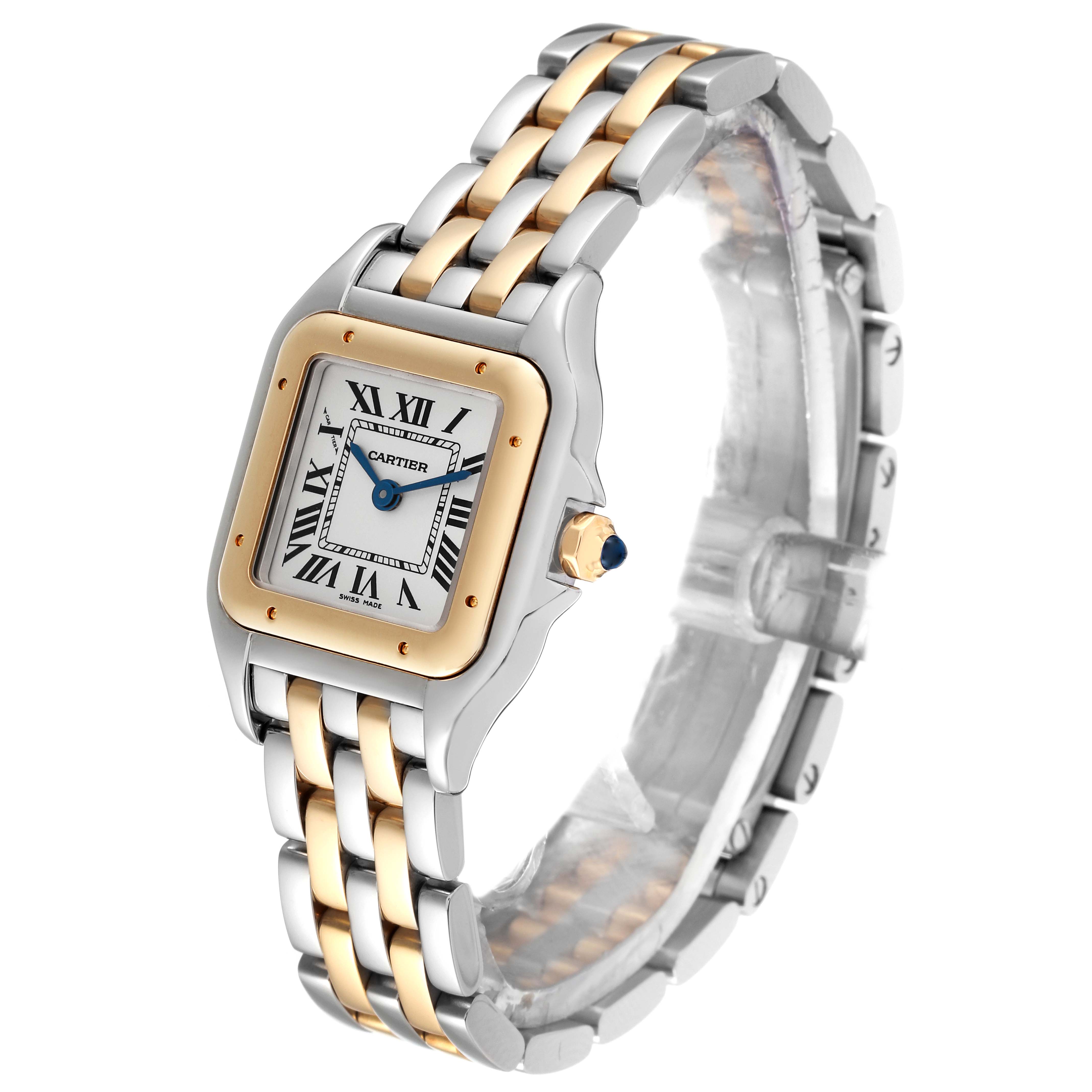The image shows a Panthere de Cartier watch at a three-quarter angle, highlighting its two-tone bracelet and square face.