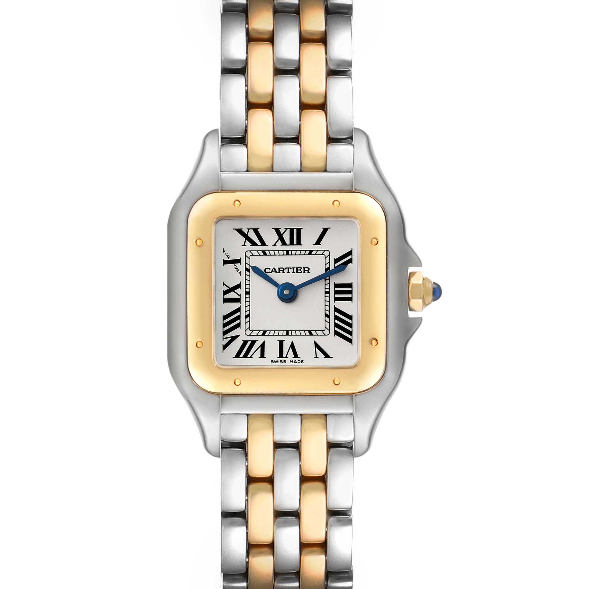 The Panthere model by Cartier is shown from the front, displaying its face, bezel, and part of the two-tone bracelet.