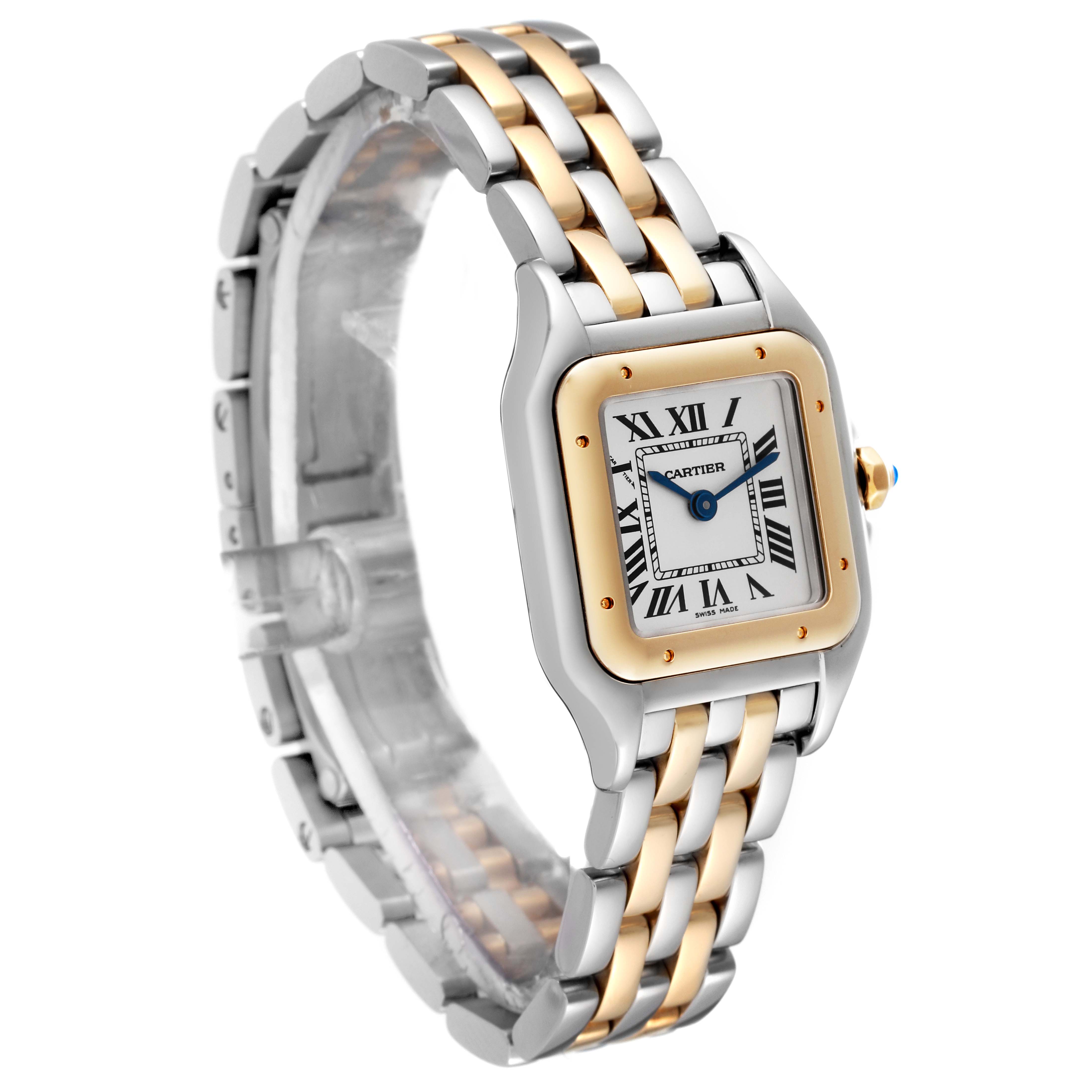 The image shows a Cartier Panthere W2PN0006 Women's Steel and Gold (two tone) Silver Dial W2PN0006 Women's Steel and Gold (two tone) Silver Dial watch at a three-quarter angle, highlighting its gold and silver bracelet and square face with Roman numerals.