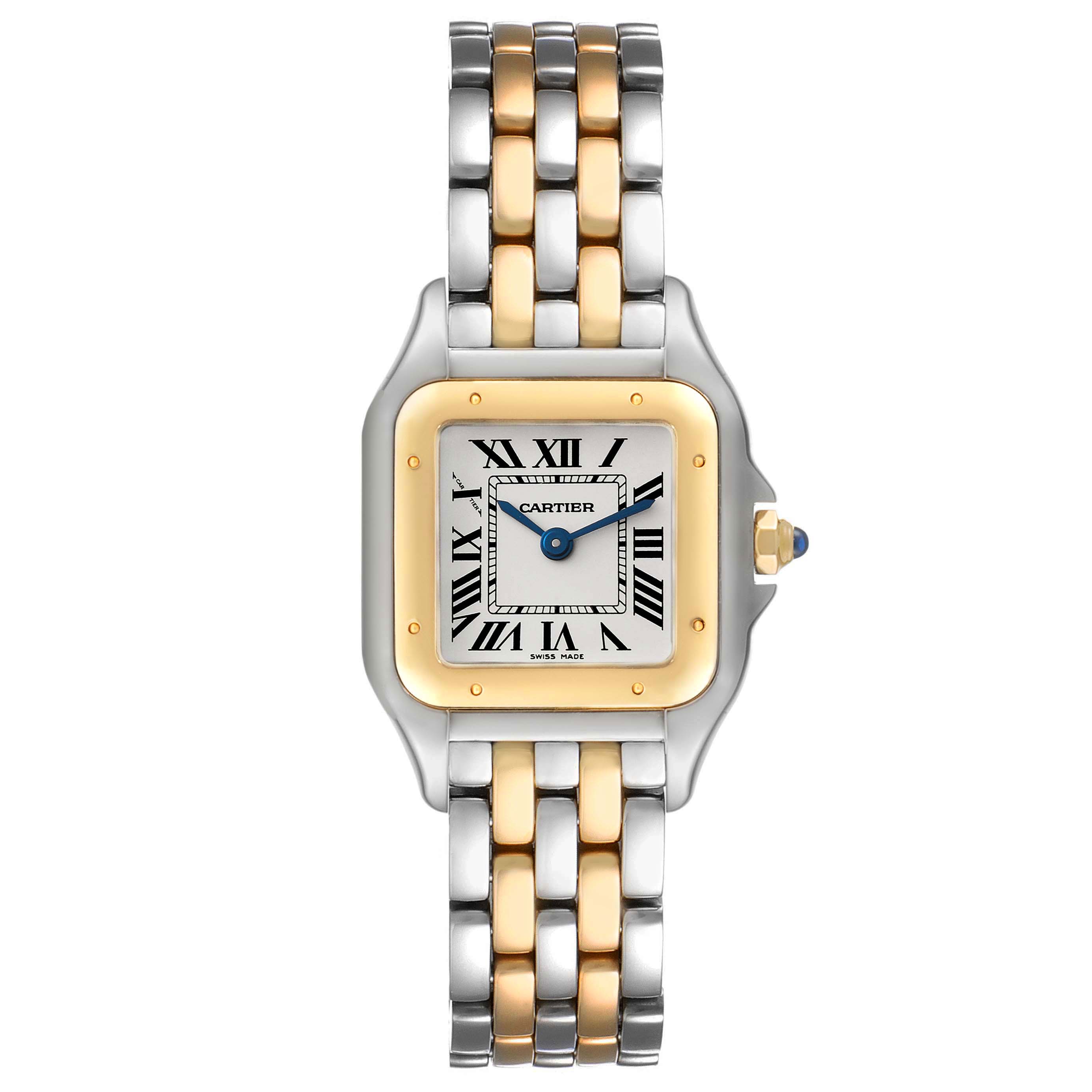 The image shows a front view of the Cartier Panthere W2PN0006 Women's Steel and Gold (two tone) Silver Dial W2PN0006 Women's Steel and Gold (two tone) Silver Dial watch featuring a two-tone metal bracelet and a square face with Roman numerals.