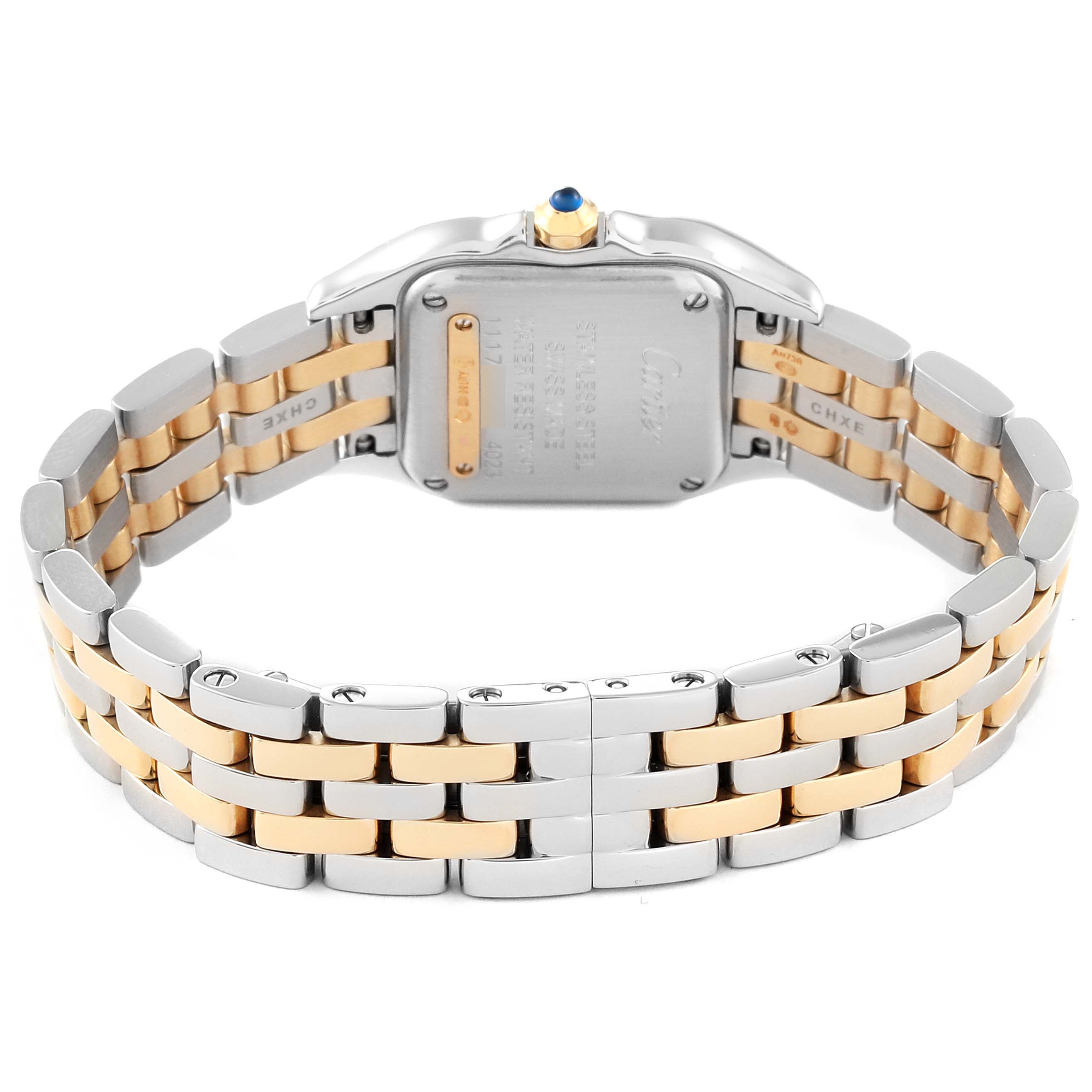 The image shows the back view of a Cartier Panthere W2PN0006 Women's Steel and Gold (two tone) Silver Dial W2PN0006 Women's Steel and Gold (two tone) Silver Dial watch, highlighting its silver and gold bracelet and case back.