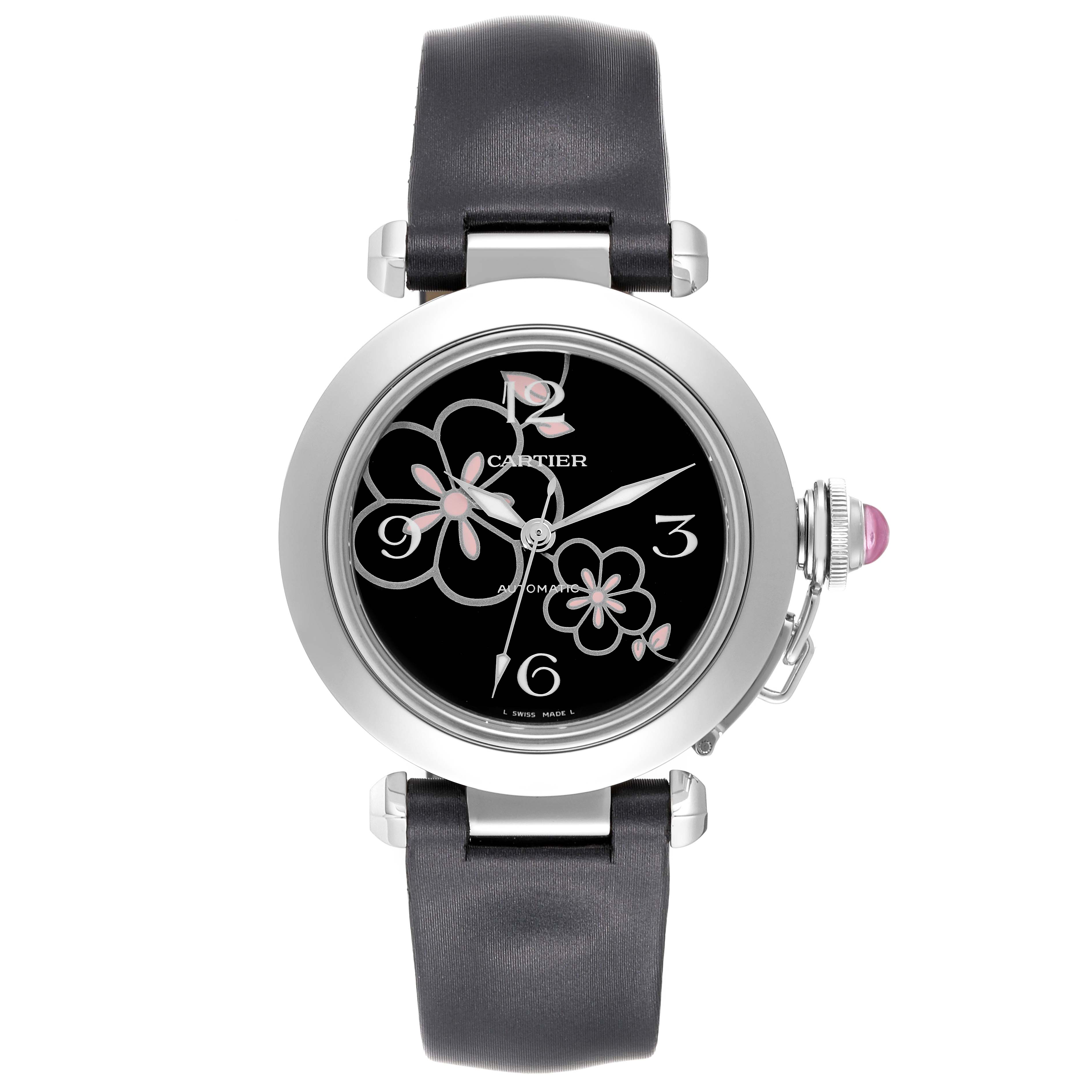 The image shows a Cartier Pasha W3109699 Women's Stainless Steel Black Dial W3109699 Women's Stainless Steel Black Dial watch from a front angle, highlighting the dial, crown, and strap.