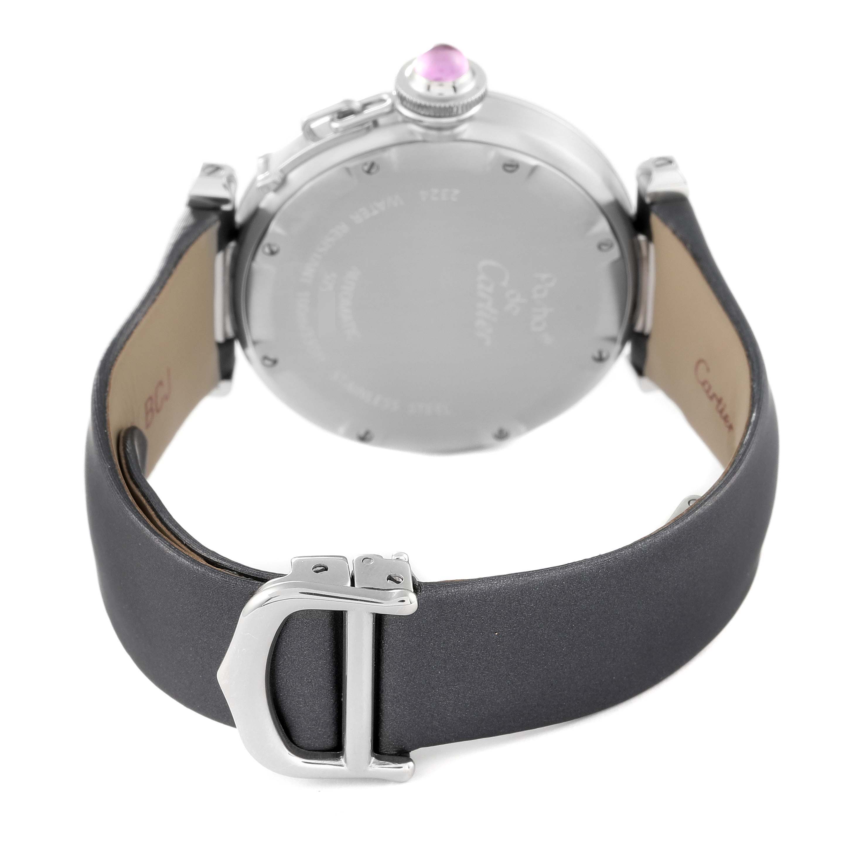 This image shows a rear view of the Cartier Pasha W3109699 Women's Stainless Steel Black Dial W3109699 Women's Stainless Steel Black Dial watch, highlighting its case back, crown, and strap buckle.