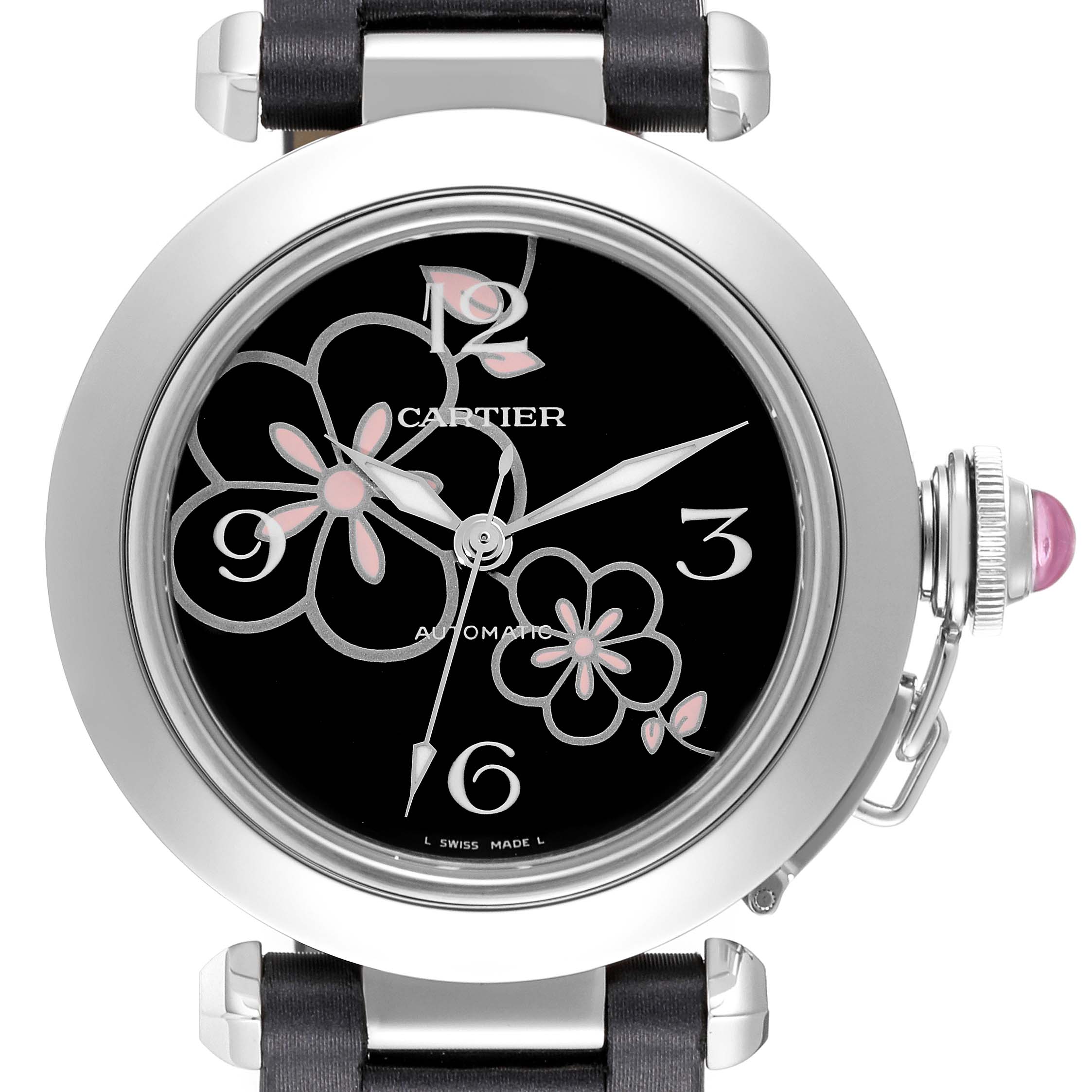 This image shows a close-up, front view of the Cartier Pasha W3109699 Women's Stainless Steel Black Dial W3109699 Women's Stainless Steel Black Dial watch face, highlighting the floral design, hands, and crown.