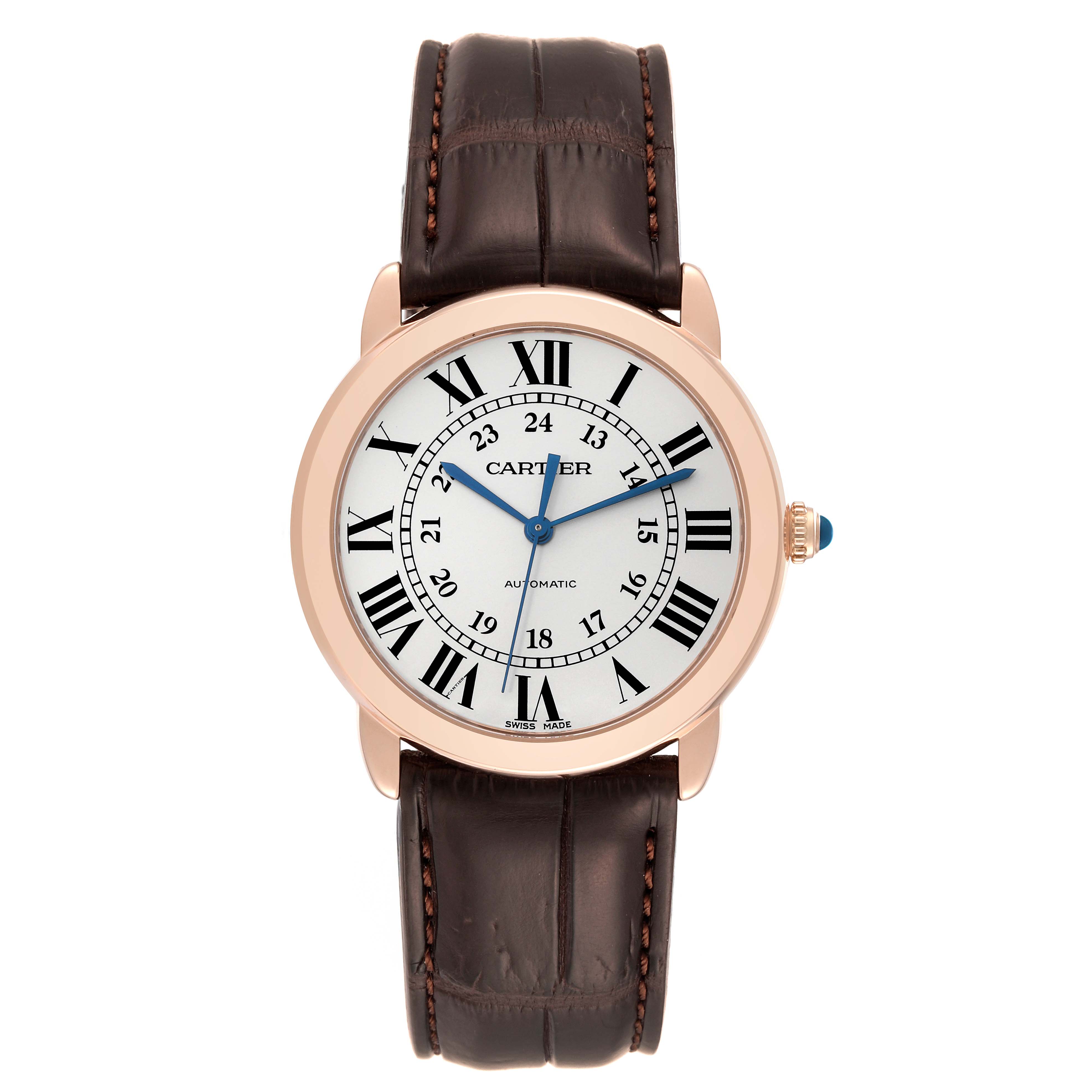 The image shows a Cartier Ronde W2RN0008 Men
s Steel and Gold (two tone) Silver Dial W2RN0008 Men
s Steel and Gold (two tone) Silver Dial model watch from a front angle, displaying its face and brown leather strap.