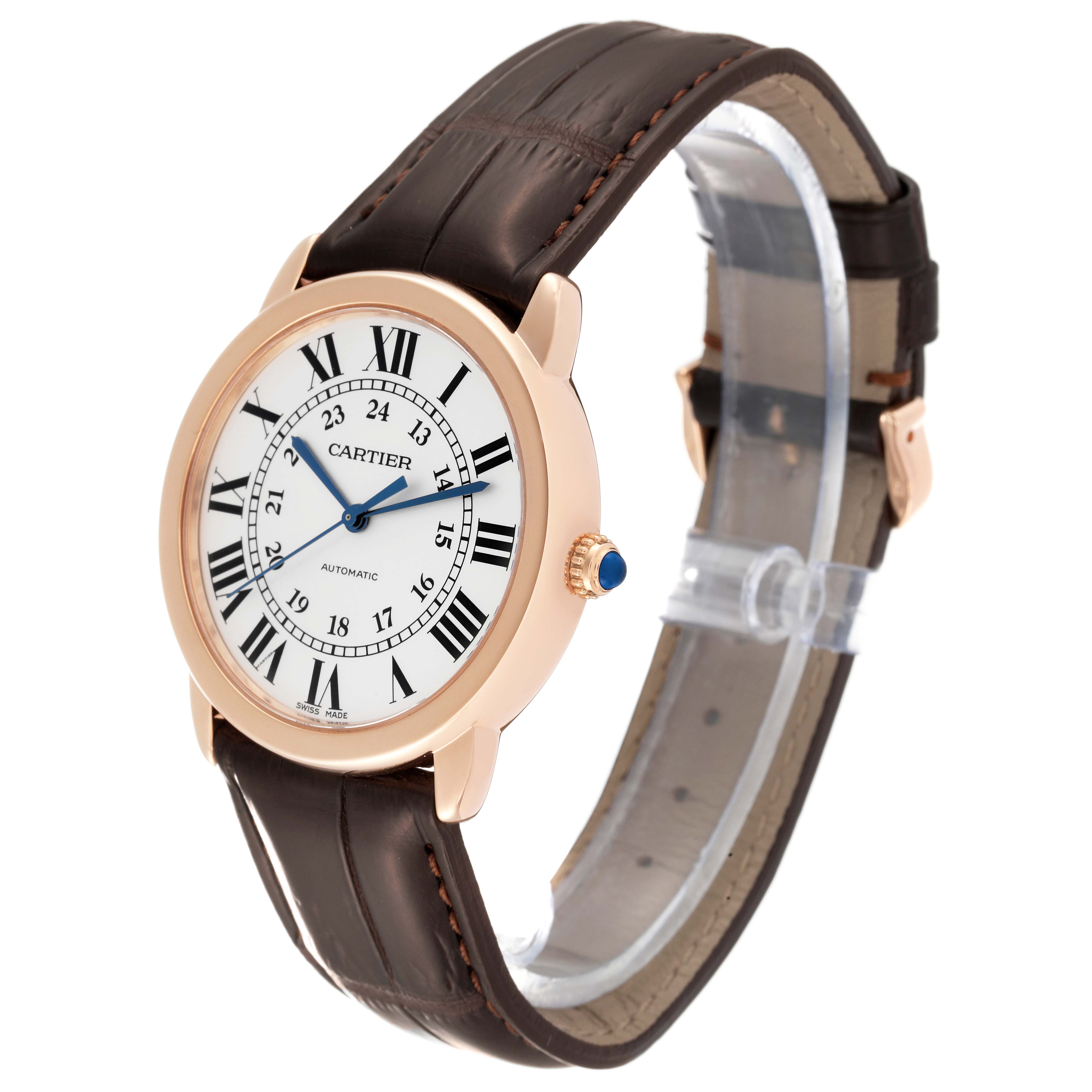 The image shows a Cartier Ronde W2RN0008 Men
s Steel and Gold (two tone) Silver Dial W2RN0008 Men
s Steel and Gold (two tone) Silver Dial watch at a 3/4 angle, highlighting the dial, case, crown, and leather strap.