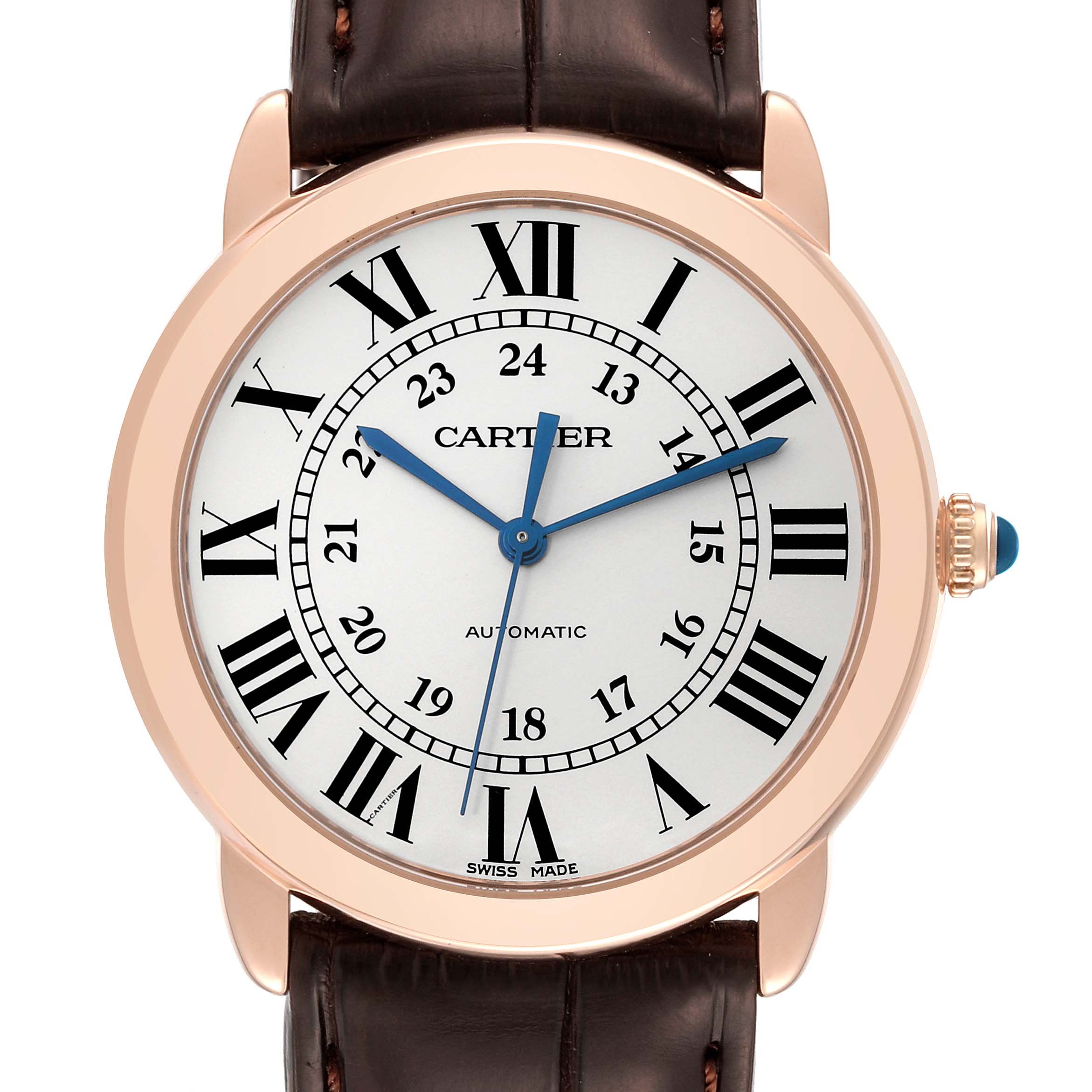 The image shows a front view of the Cartier Ronde W2RN0008 Men
s Steel and Gold (two tone) Silver Dial W2RN0008 Men
s Steel and Gold (two tone) Silver Dial watch, displaying its dial, hands, and part of the leather strap.