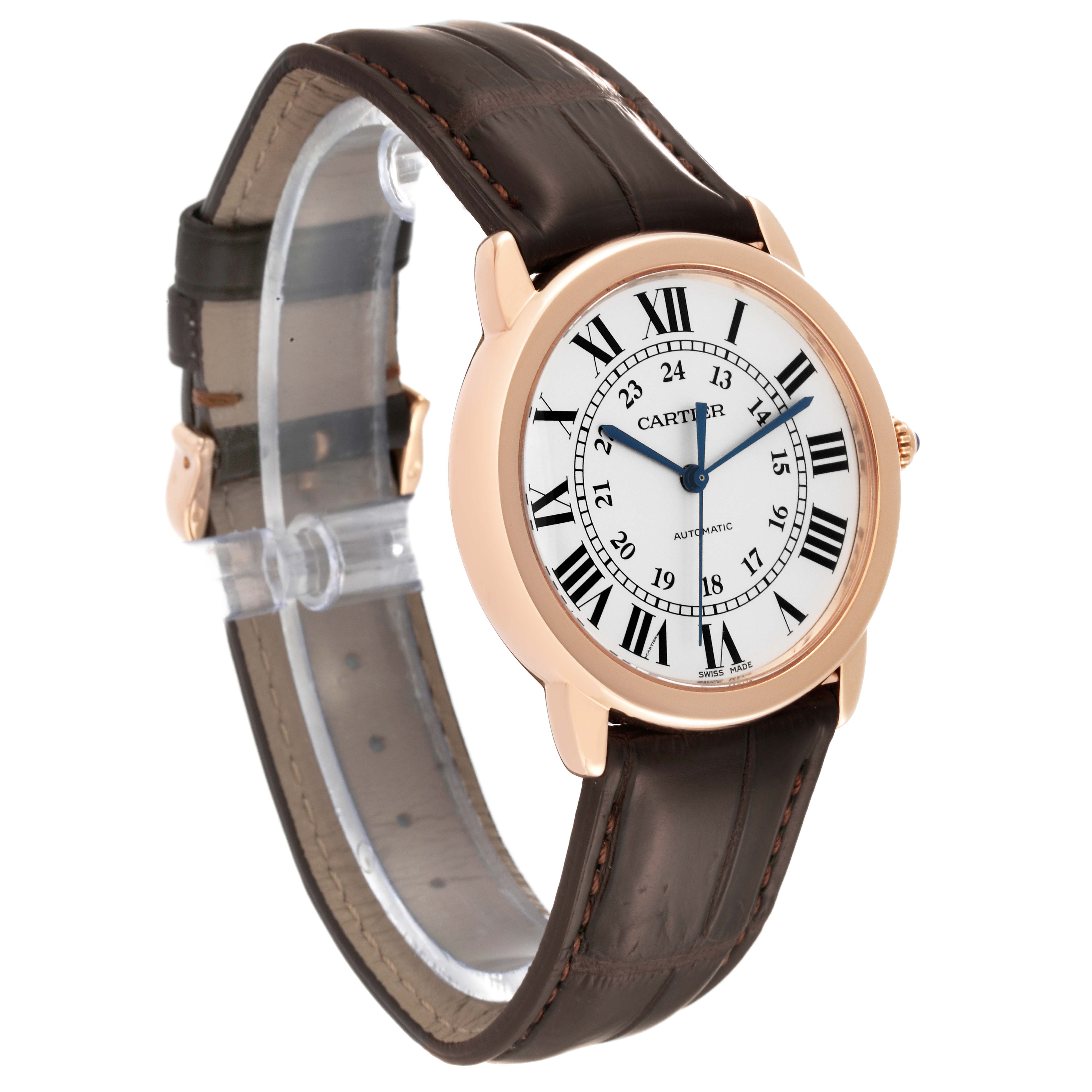This image shows a Ronde model by Cartier, displaying the watch face, strap, and case at a slight side angle.