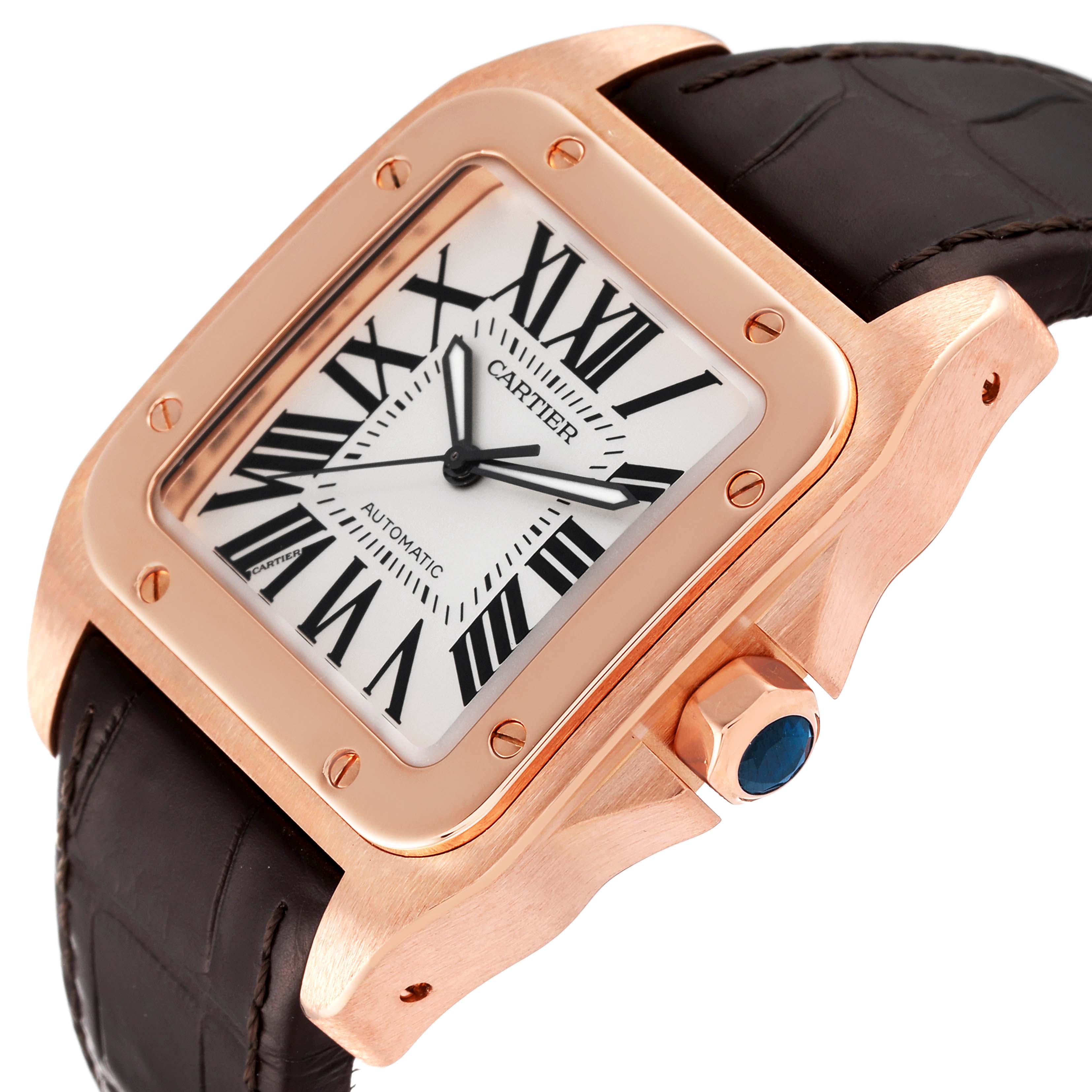 This Cartier Santos W20095Y1 Men's Rose Gold Silver Dial W20095Y1 Men's Rose Gold Silver Dial watch is shown at an angled view, showcasing its rose gold case, white dial with Roman numerals, and black leather strap.