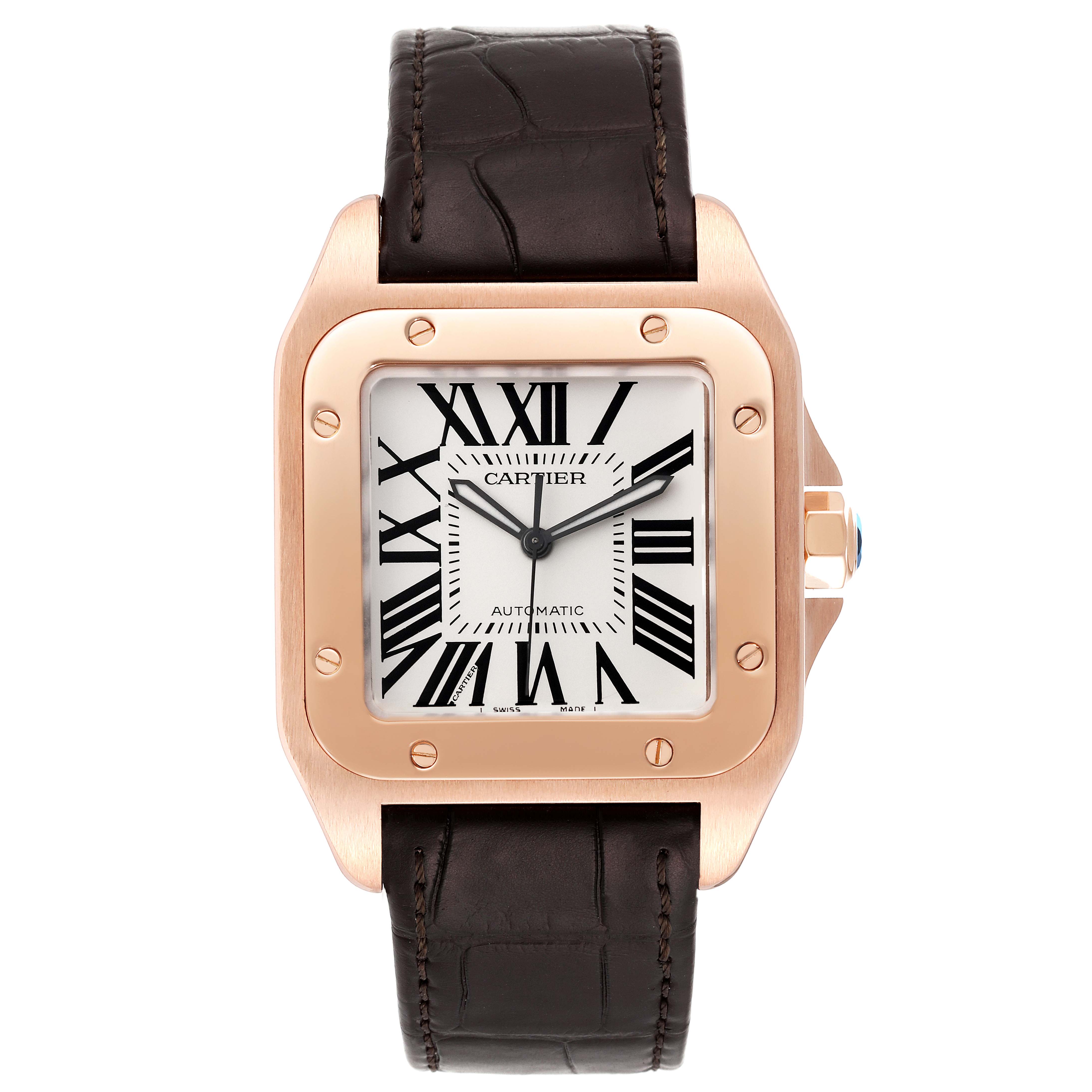The image shows a front view of the Cartier Santos W20095Y1 Men's Rose Gold Silver Dial W20095Y1 Men's Rose Gold Silver Dial watch displaying its dial, Roman numerals, and leather strap.