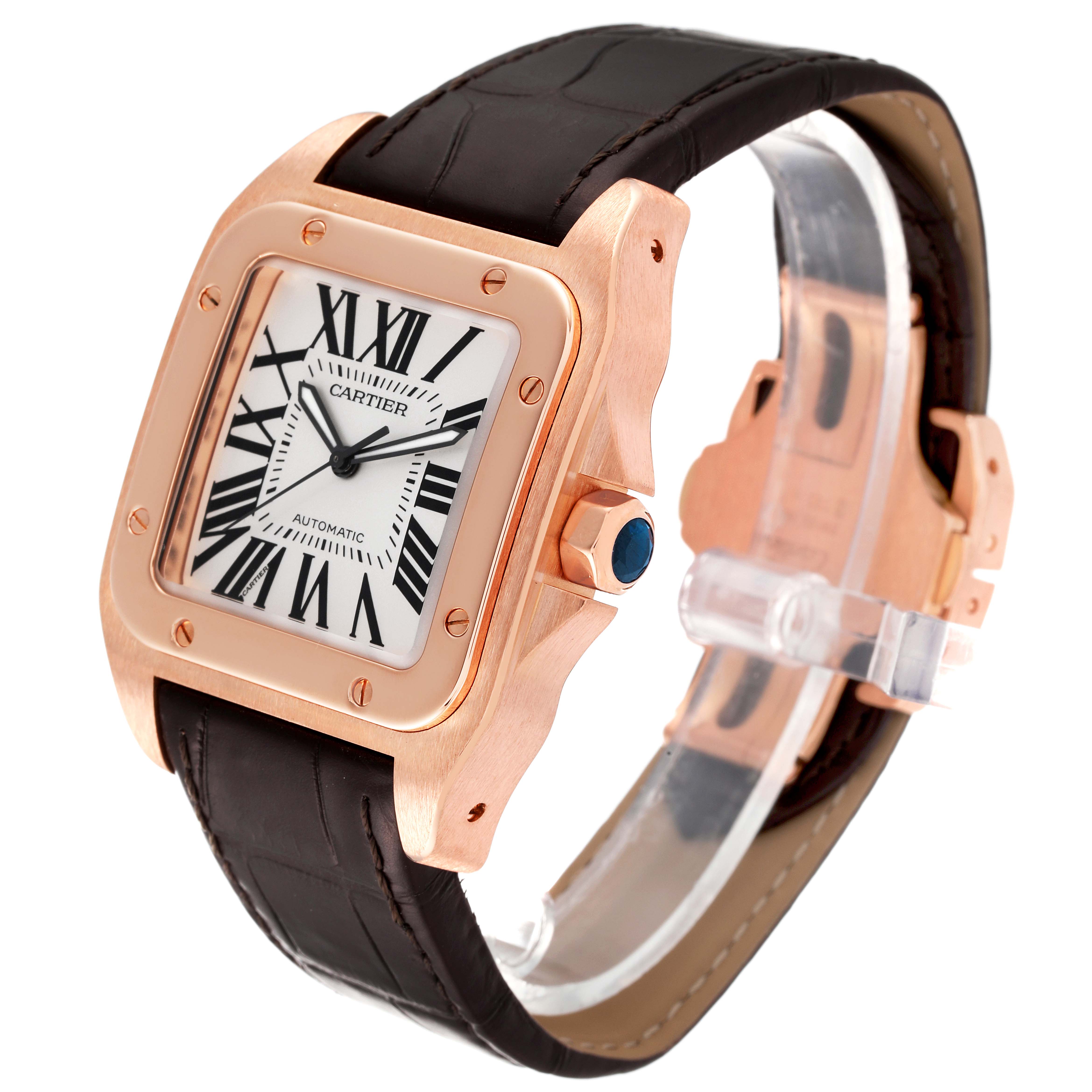 The Cartier Santos W20095Y1 Men's Rose Gold Silver Dial W20095Y1 Men's Rose Gold Silver Dial watch is shown at a three-quarter angle, highlighting the case, crown, and leather strap.