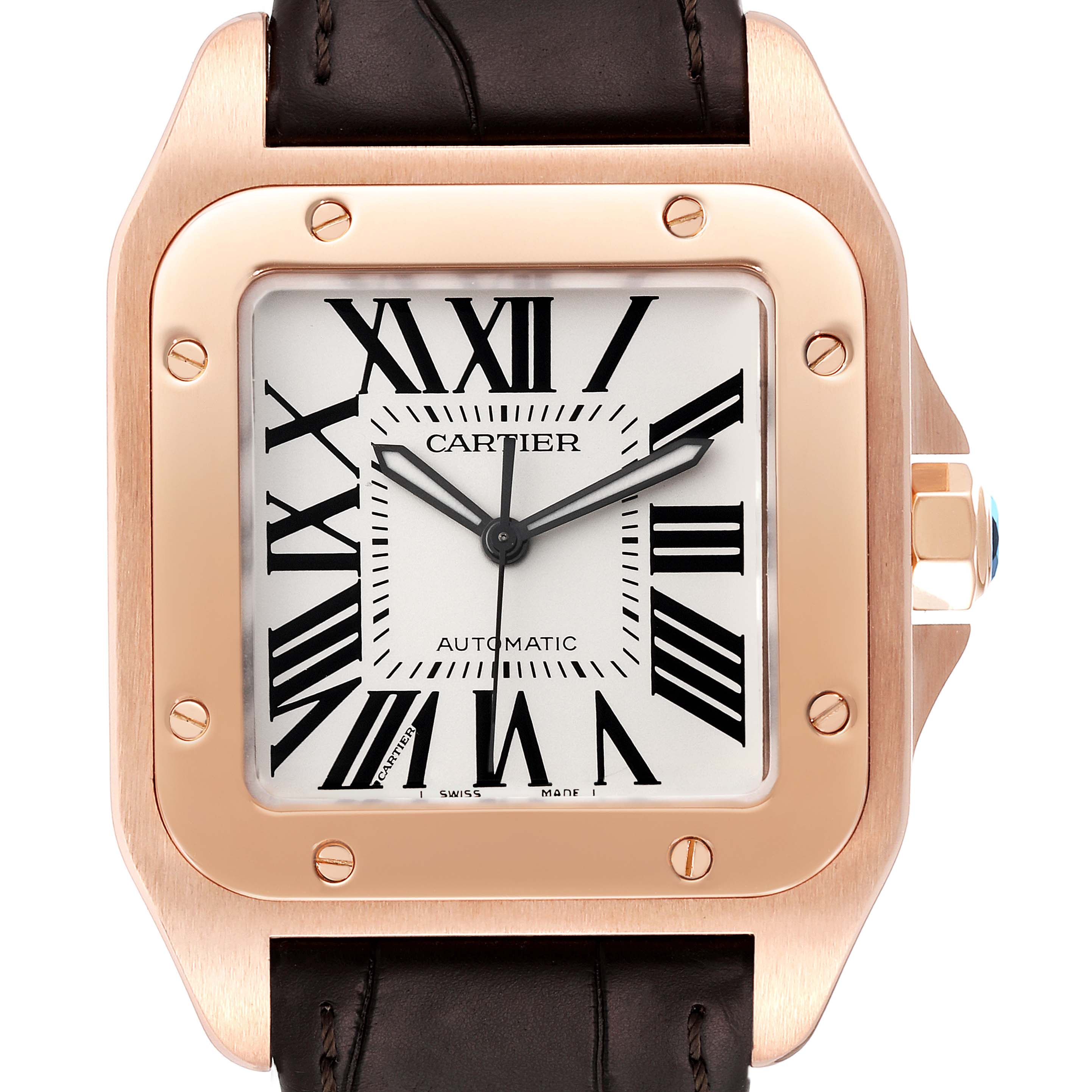 The image shows a close-up of the Cartier Santos W20095Y1 Men's Rose Gold Silver Dial W20095Y1 Men's Rose Gold Silver Dial watch, highlighting its face, bezel, and part of the leather strap.