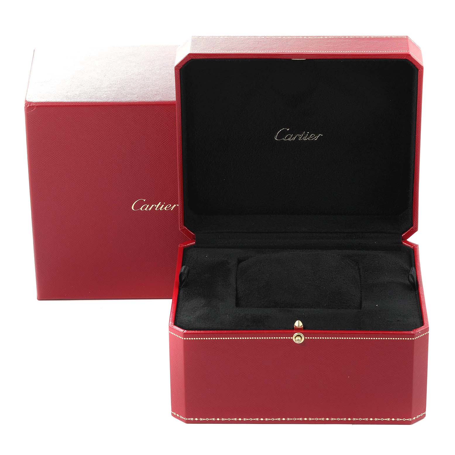 This image shows the open red display box for a Cartier Santos W20095Y1 Men's Rose Gold Silver Dial W20095Y1 Men's Rose Gold Silver Dial model watch.
