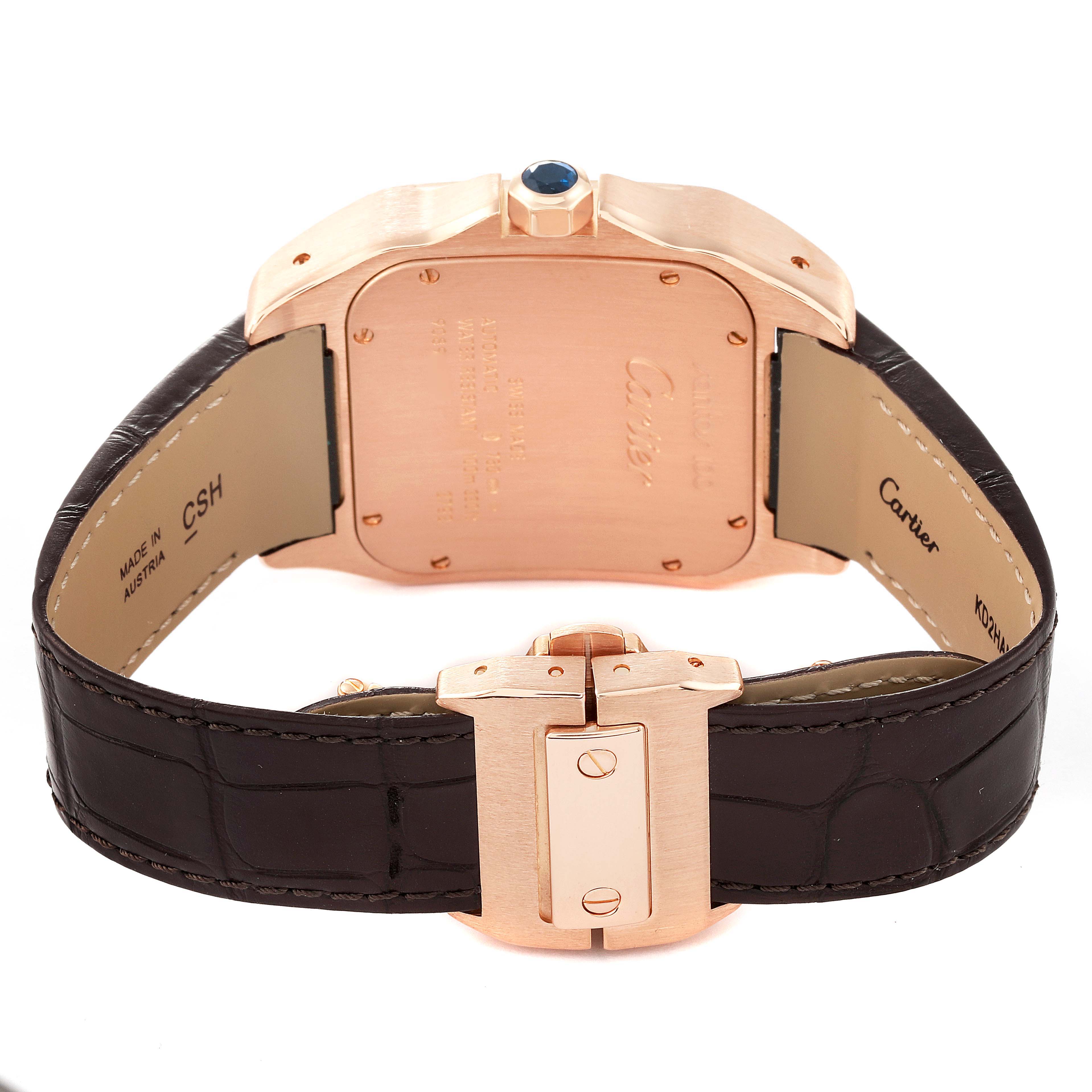 The image shows the back view of a Cartier Santos W20095Y1 Men's Rose Gold Silver Dial W20095Y1 Men's Rose Gold Silver Dial watch, highlighting the case, clasp, and leather strap.