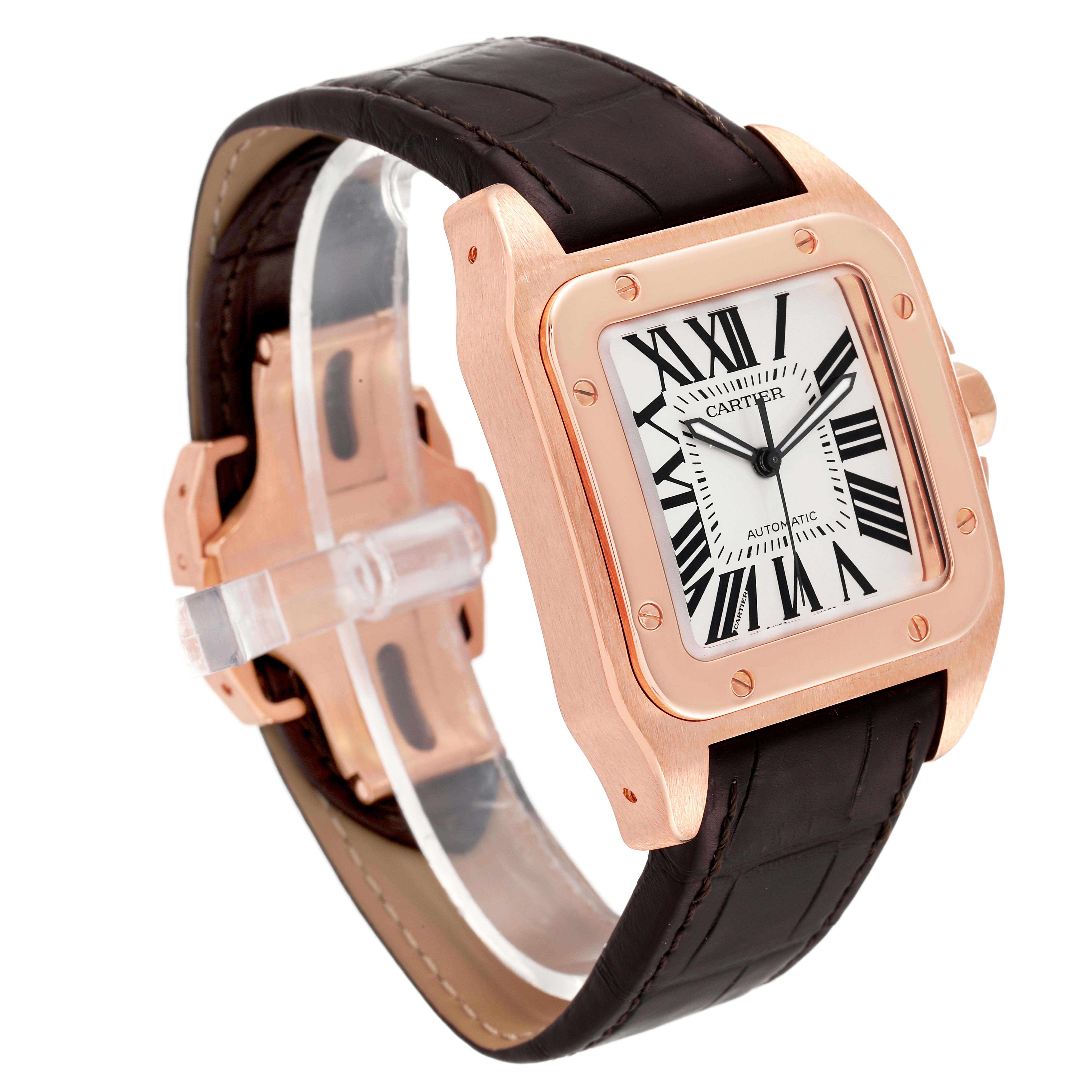 The image shows a Cartier Santos W20095Y1 Men's Rose Gold Silver Dial W20095Y1 Men's Rose Gold Silver Dial model watch at an angle highlighting the rectangular dial, rose gold casing, and black leather strap.