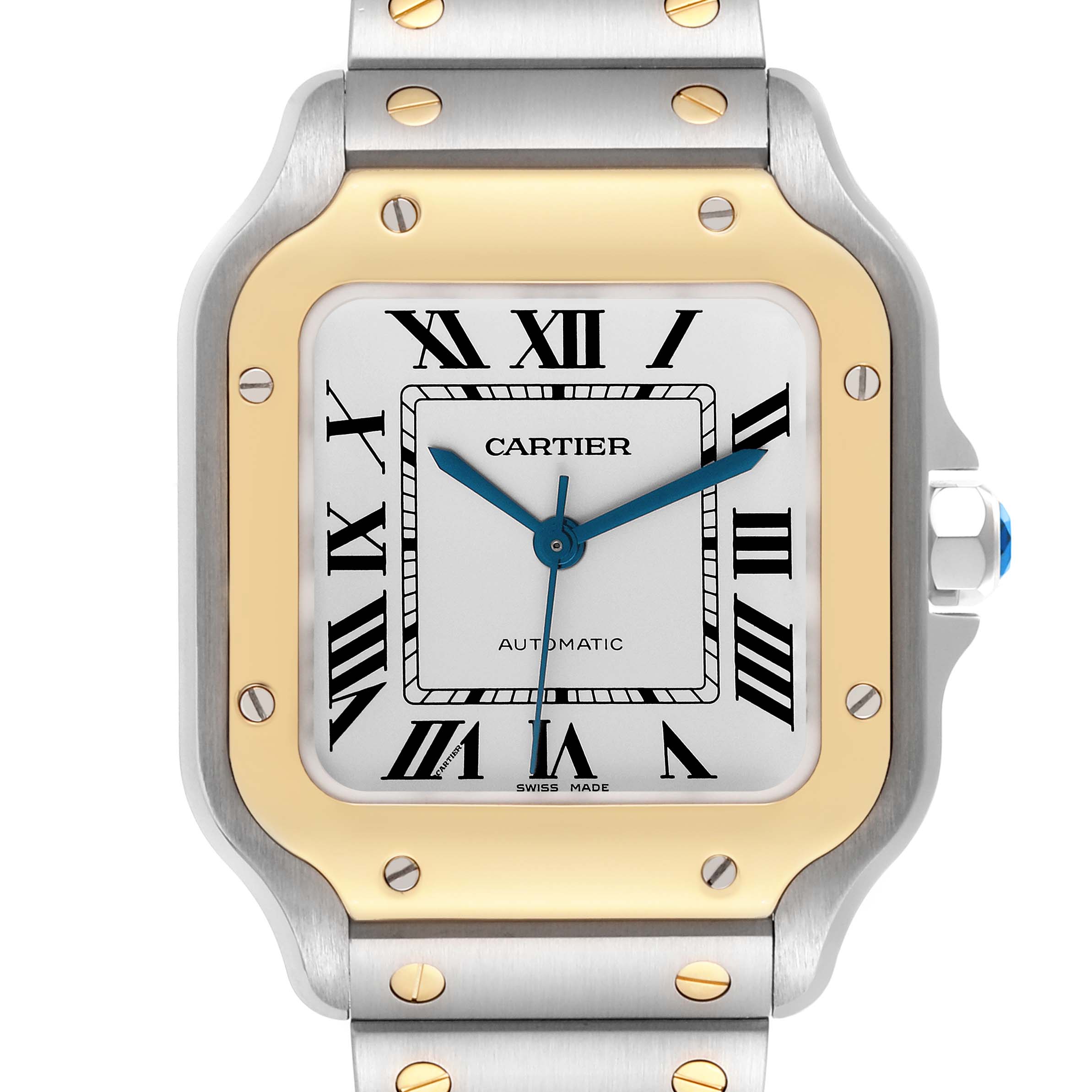 The image shows a close-up of the Cartier Santos W2SA0007 Men's Steel and Gold (two tone) Silver Dial W2SA0007 Men's Steel and Gold (two tone) Silver Dial watch face and part of its bracelet, highlighting the bezel and screws.