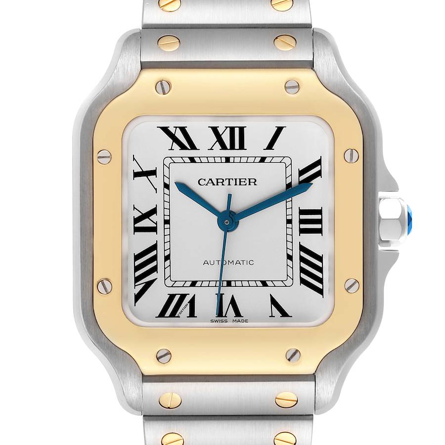 The image shows a close-up of the Cartier Santos watch face and part of its bracelet, highlighting the bezel and screws.