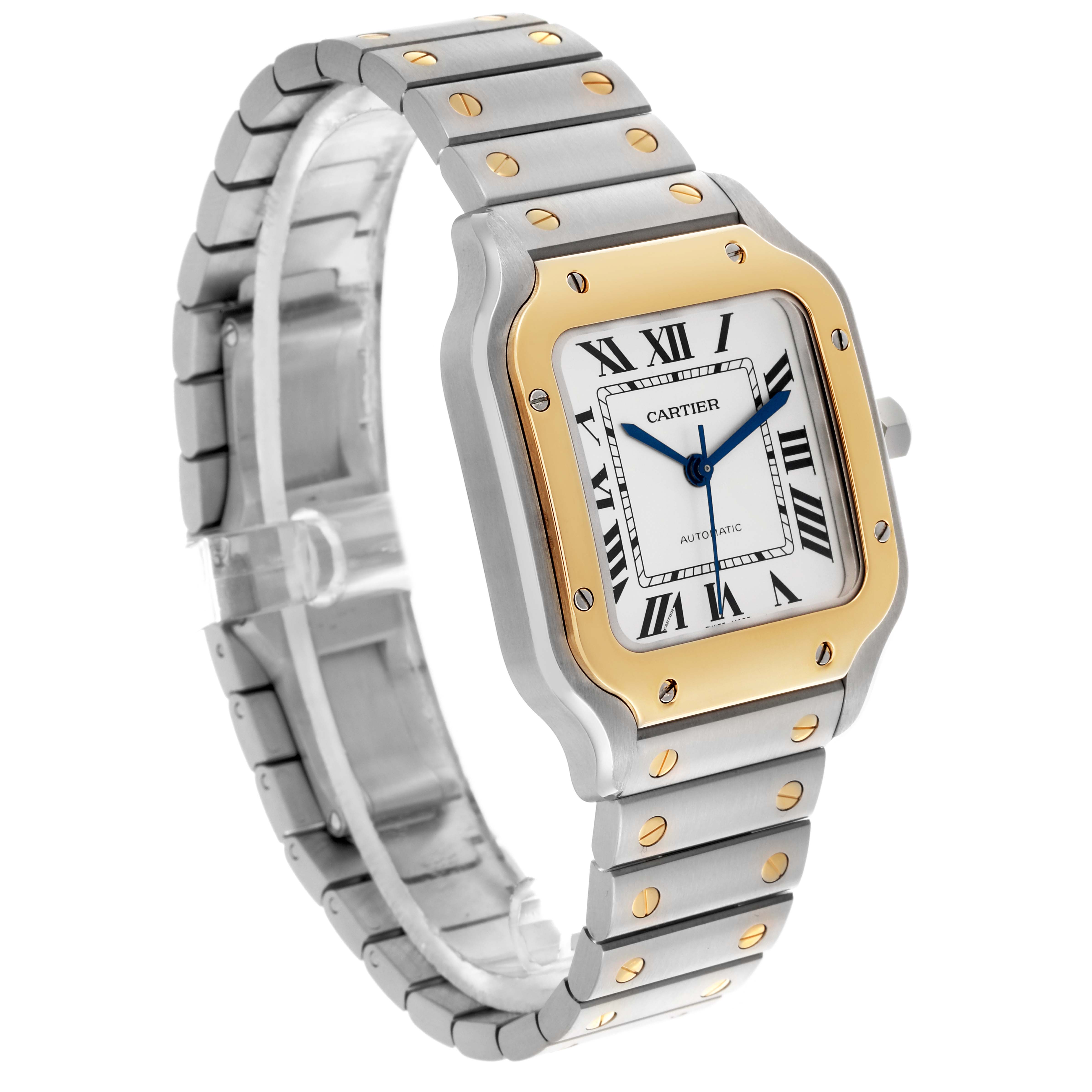 The Cartier Santos W2SA0007 Men's Steel and Gold (two tone) Silver Dial W2SA0007 Men's Steel and Gold (two tone) Silver Dial watch is shown at a three-quarter angle, highlighting the gold bezel, Roman numeral dial, and metal bracelet.