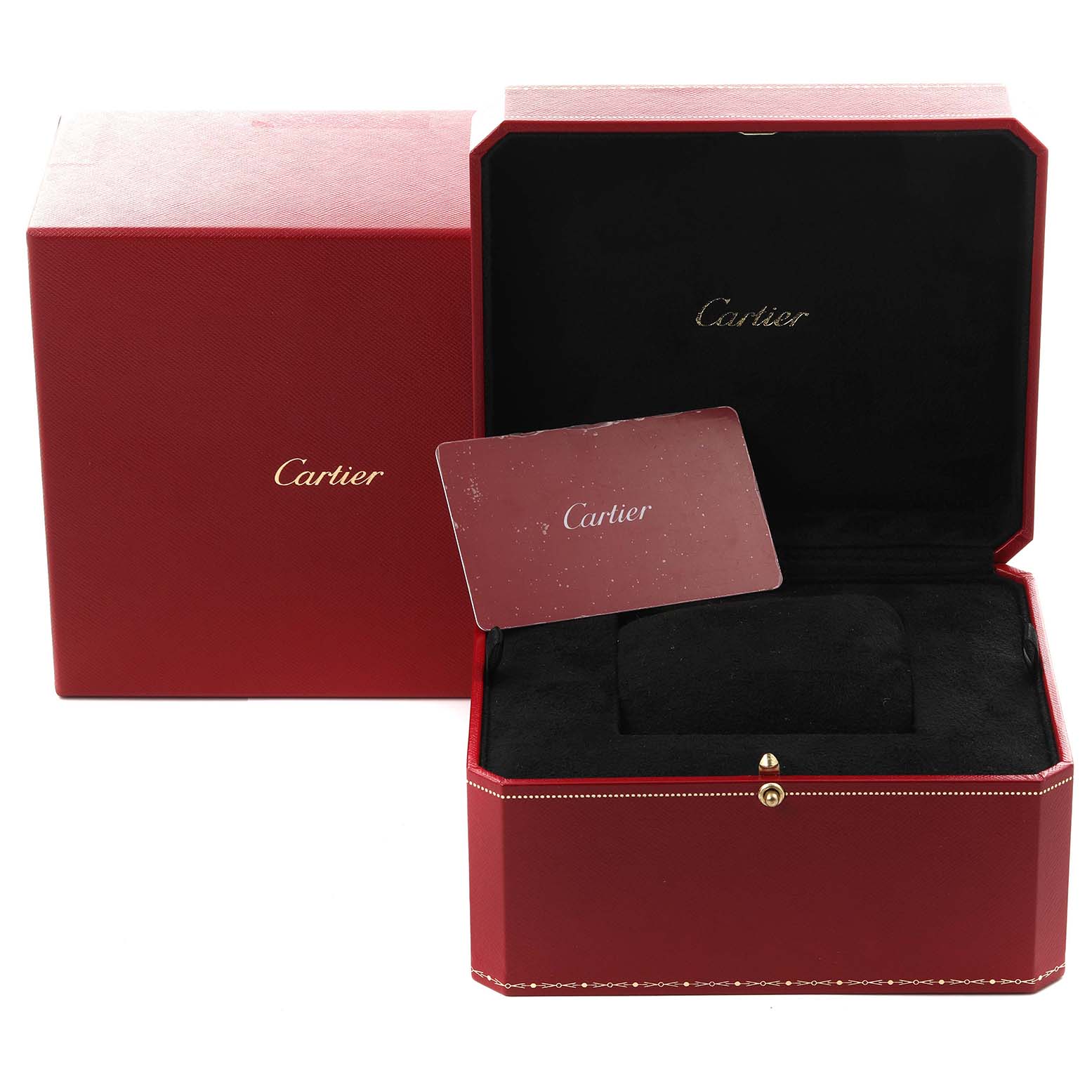 The image shows a Cartier Santos W2SA0007 Men's Steel and Gold (two tone) Silver Dial W2SA0007 Men's Steel and Gold (two tone) Silver Dial watch box, including an open red case and a card.