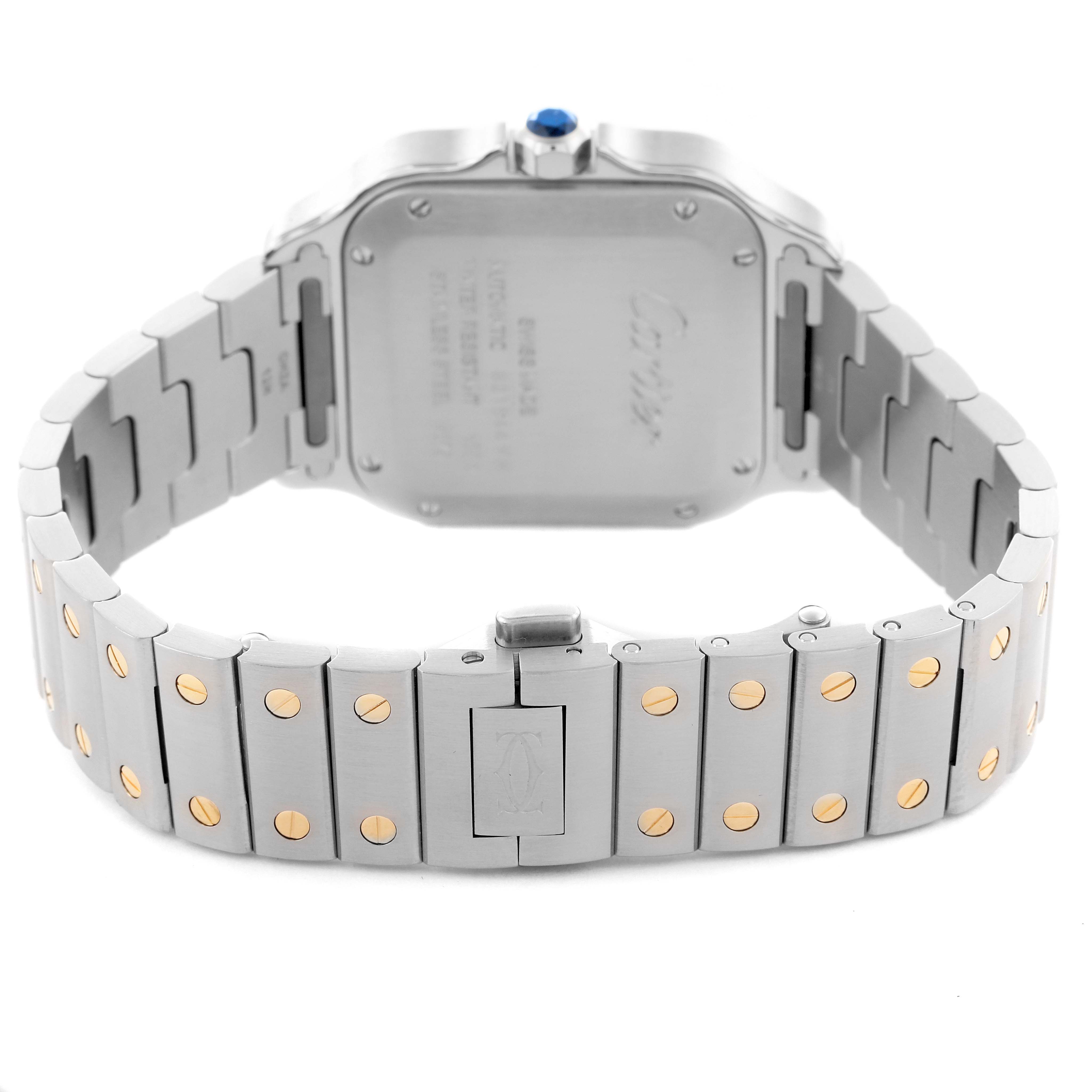The image shows the back and bracelet of the Cartier Santos W2SA0007 Men's Steel and Gold (two tone) Silver Dial W2SA0007 Men's Steel and Gold (two tone) Silver Dial watch, highlighting its dual-tone links and clasp.