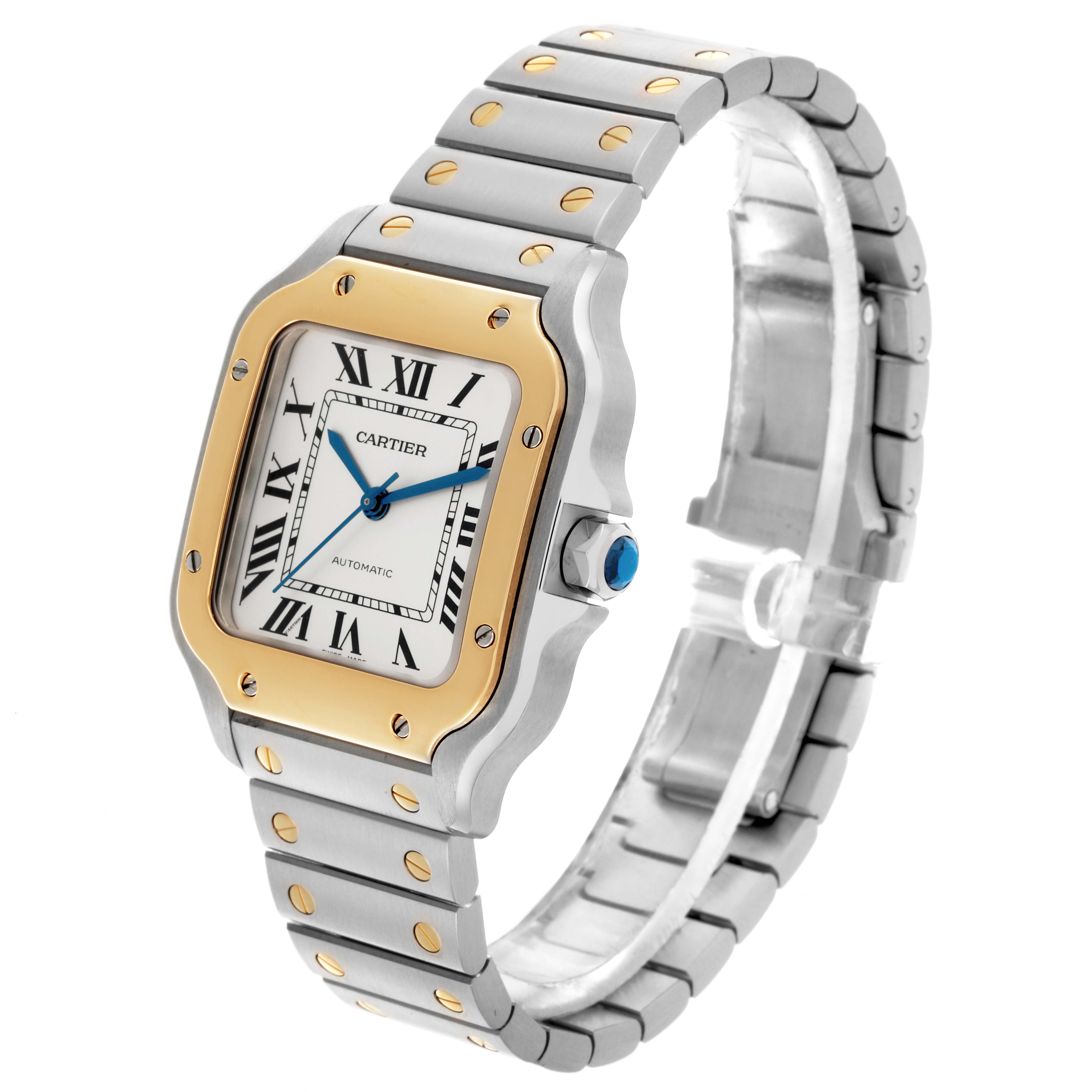 The Cartier Santos W2SA0007 Men's Steel and Gold (two tone) Silver Dial W2SA0007 Men's Steel and Gold (two tone) Silver Dial watch is shown at an angled side view highlighting the bezel, face, and metal bracelet.