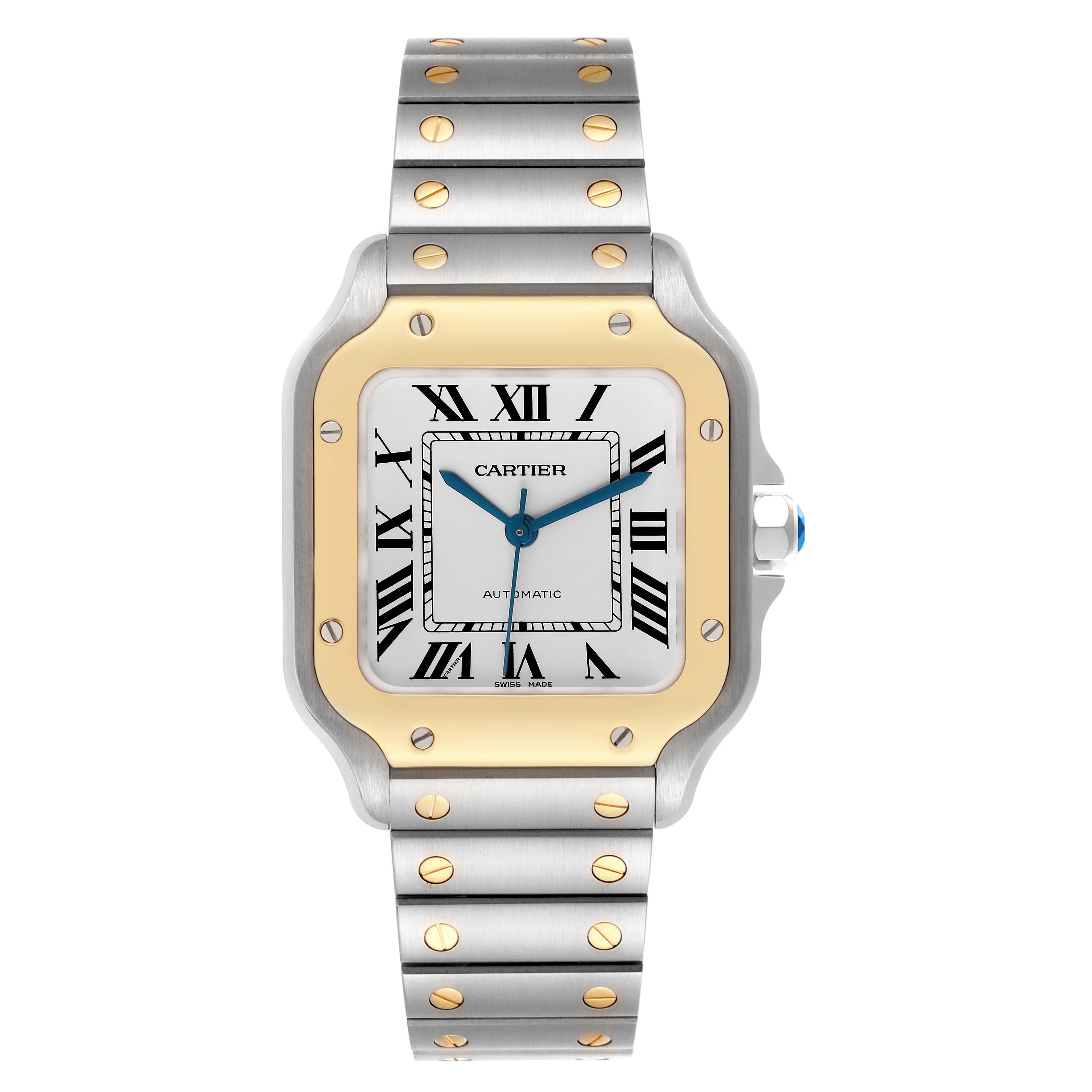 The Cartier Santos W2SA0007 Men's Steel and Gold (two tone) Silver Dial W2SA0007 Men's Steel and Gold (two tone) Silver Dial watch is shown from the front, displaying its dial, bezels, and full bracelet.