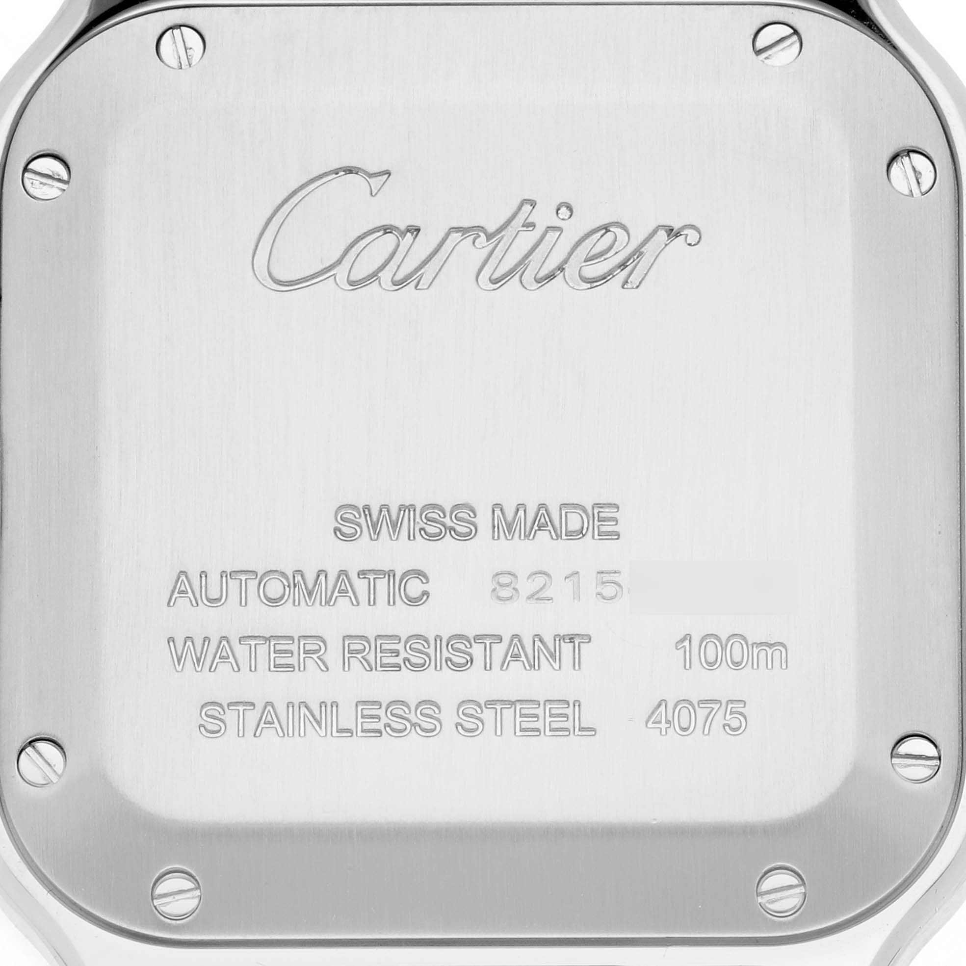 This image shows the back case of a Cartier Santos W2SA0007 Men's Steel and Gold (two tone) Silver Dial W2SA0007 Men's Steel and Gold (two tone) Silver Dial watch, highlighting branding and technical details.