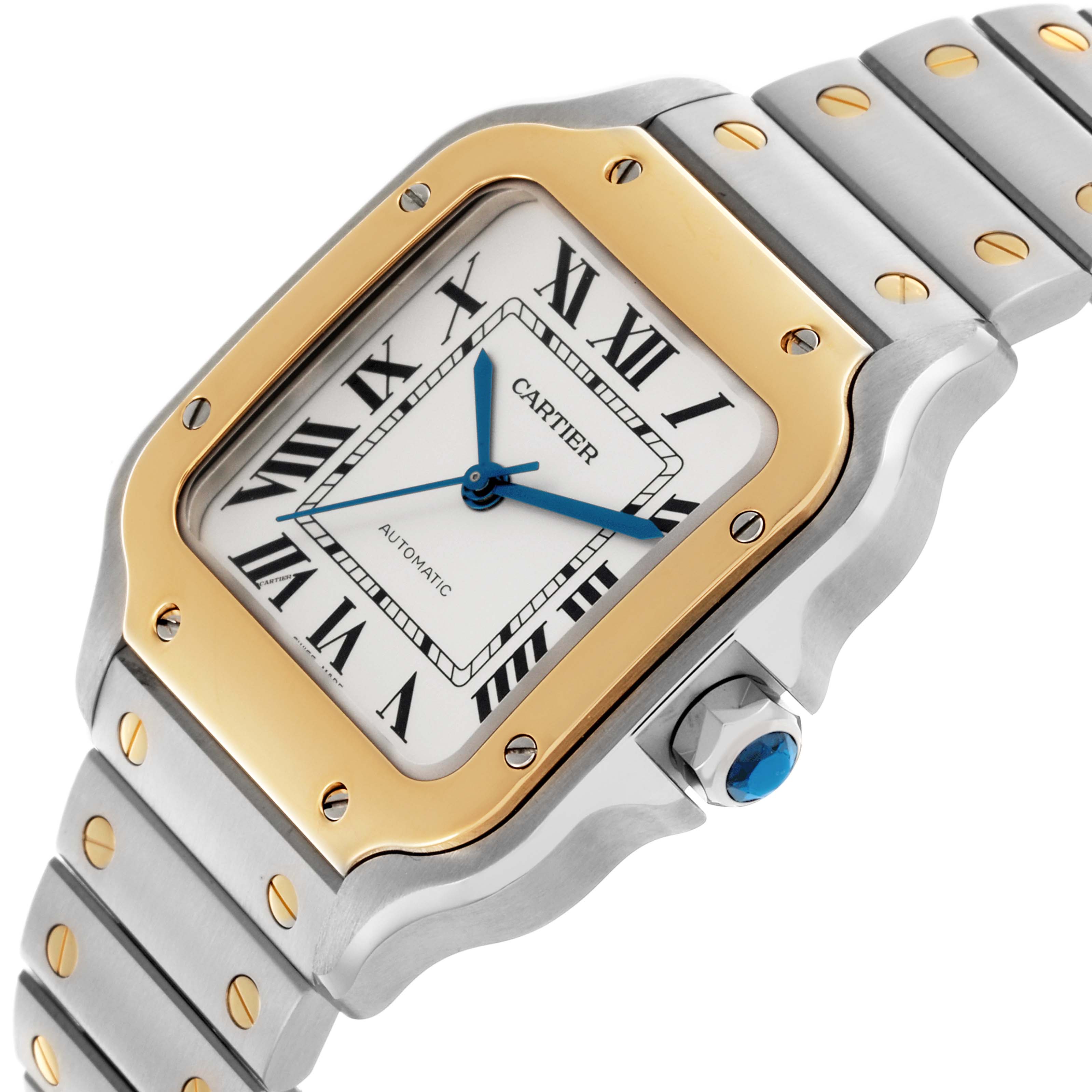 The Cartier Santos W2SA0007 Men's Steel and Gold (two tone) Silver Dial W2SA0007 Men's Steel and Gold (two tone) Silver Dial watch is shown at an angled view highlighting its bezel, face, and bracelet.