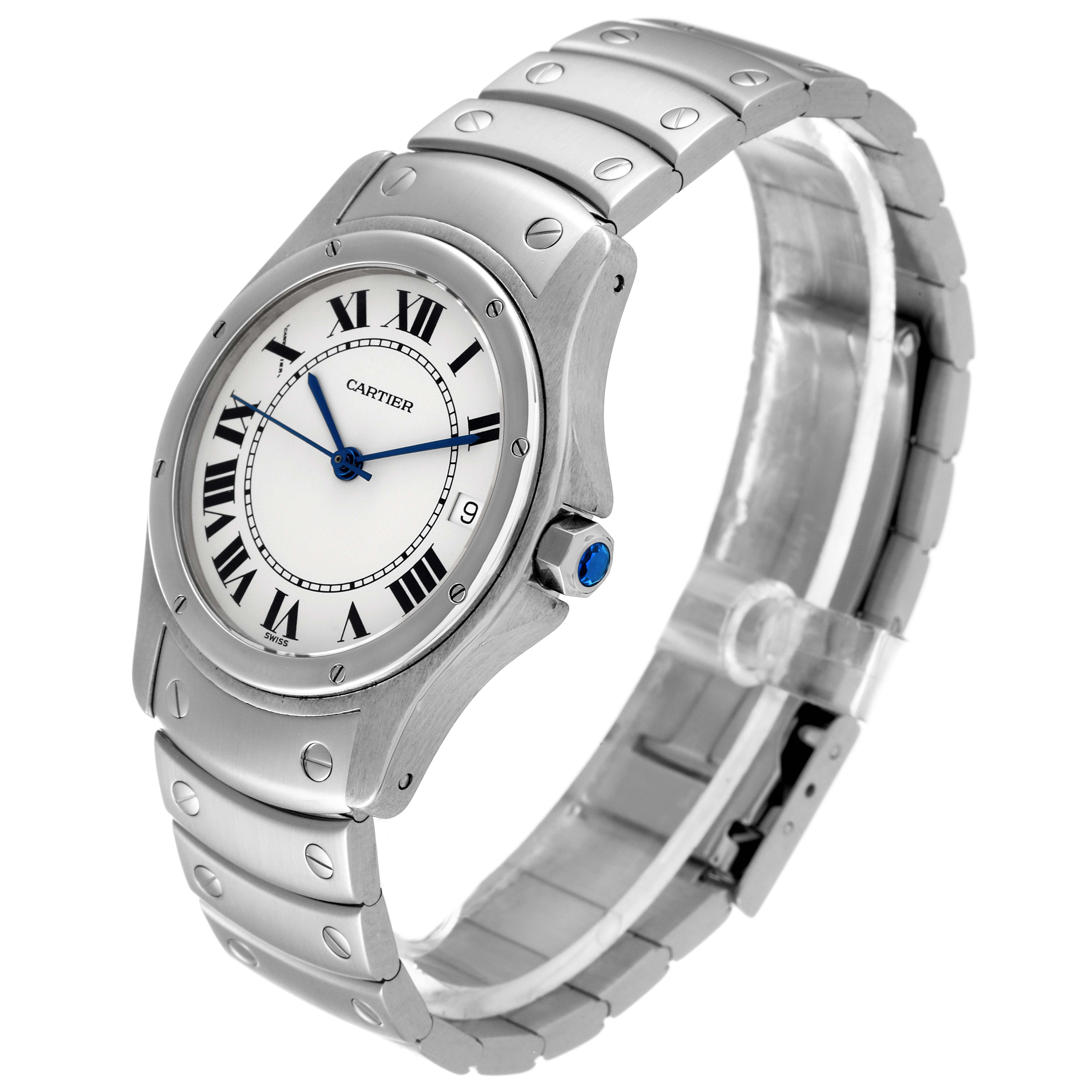 The Cartier Santos 1920 Men's Stainless Steel White Dial 1920 Men's Stainless Steel White Dial watch is shown at an angle displaying the face, bezel, crown, and part of the stainless steel bracelet.