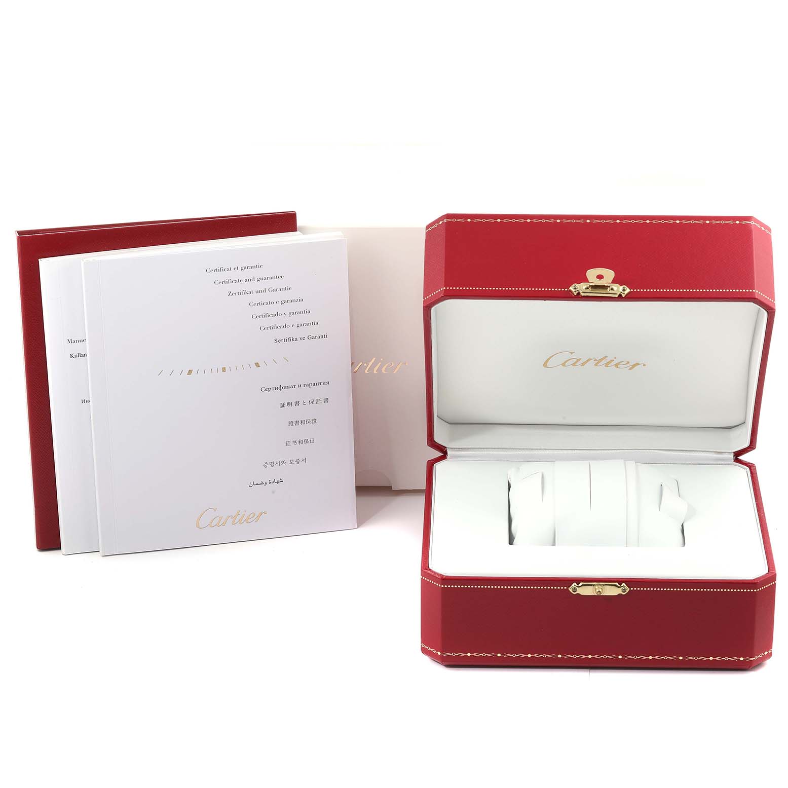 The image shows a Cartier Santos 1920 Men's Stainless Steel White Dial 1920 Men's Stainless Steel White Dial watch box, certificates, and documentation from a front angle.