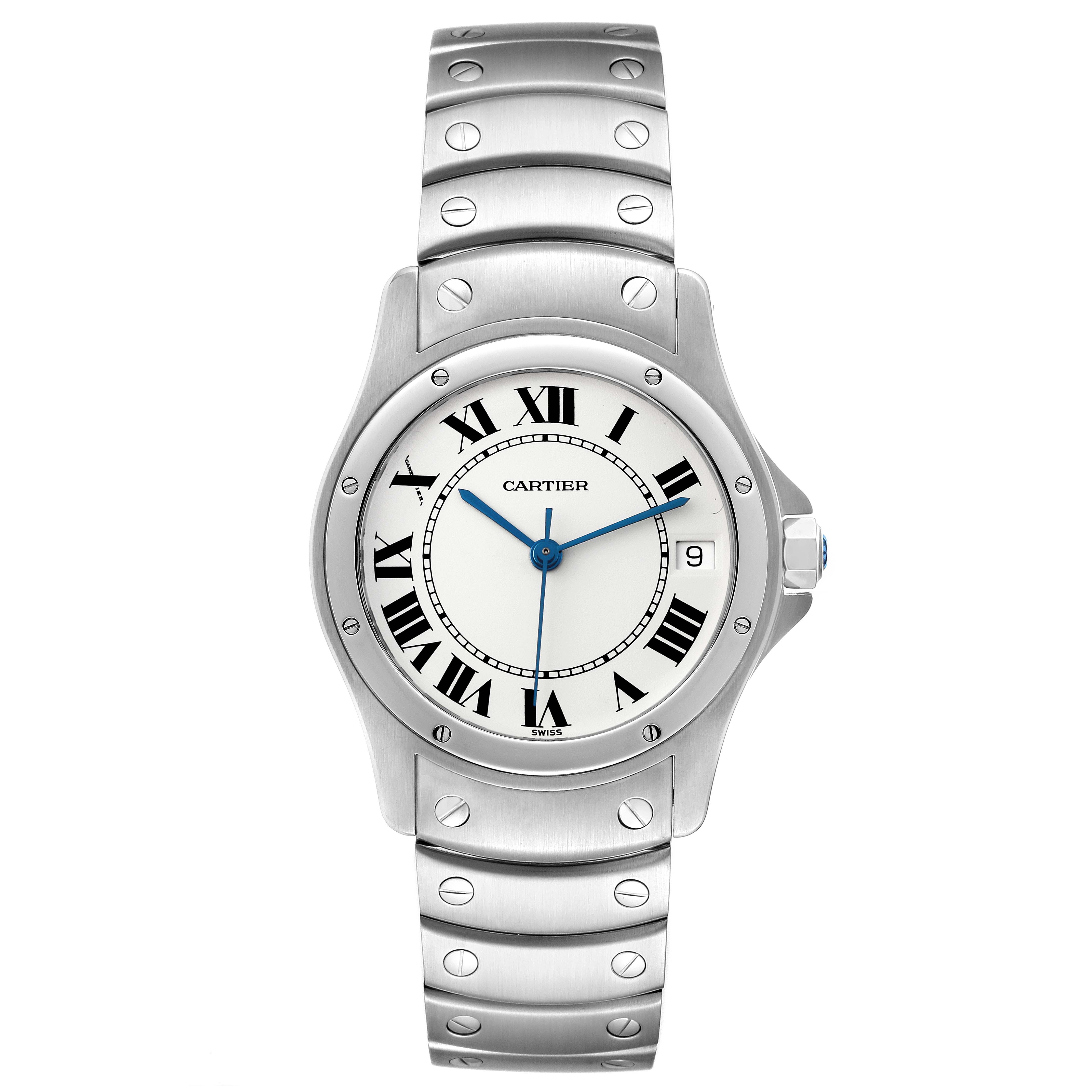 The image shows a front view of a Cartier Santos 1920 Men's Stainless Steel White Dial 1920 Men's Stainless Steel White Dial watch, including the face, bezel, and part of the metal bracelet.