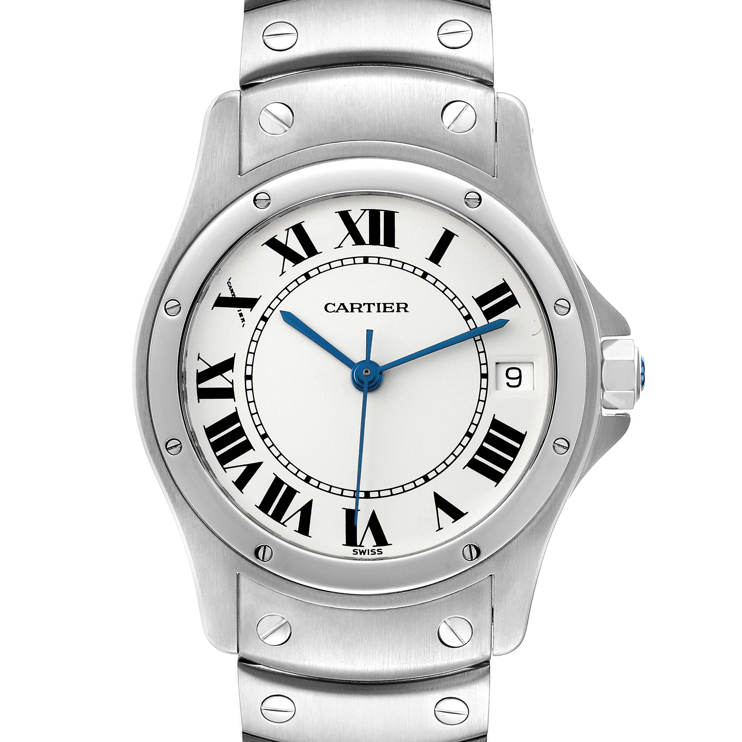 The Cartier Santos 1920 Men's Stainless Steel White Dial 1920 Men's Stainless Steel White Dial watch is shown from a top-down angle, displaying the face, bezel, and part of the bracelet.
