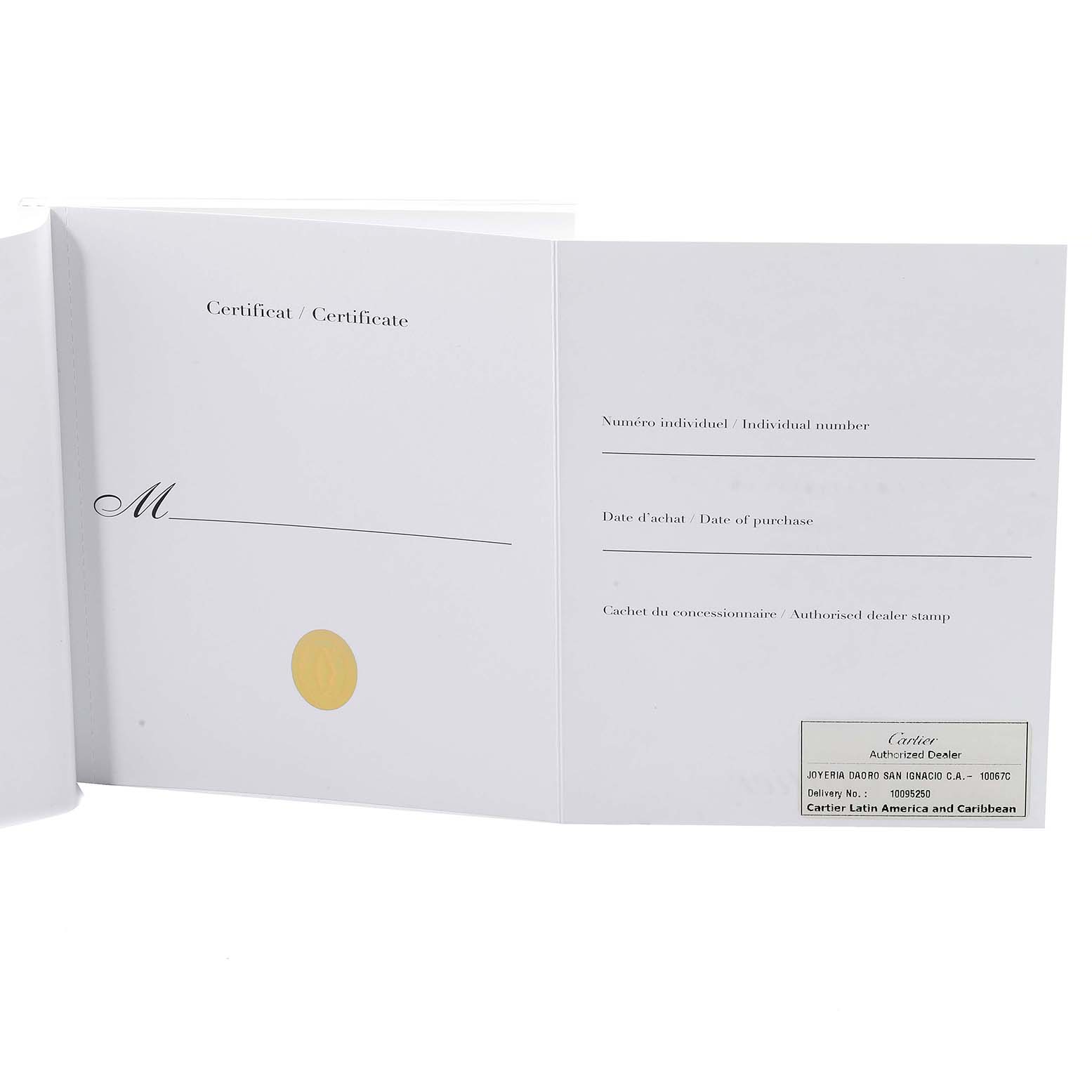 This image shows a close-up of the certificate booklet for the Santos model by Cartier.