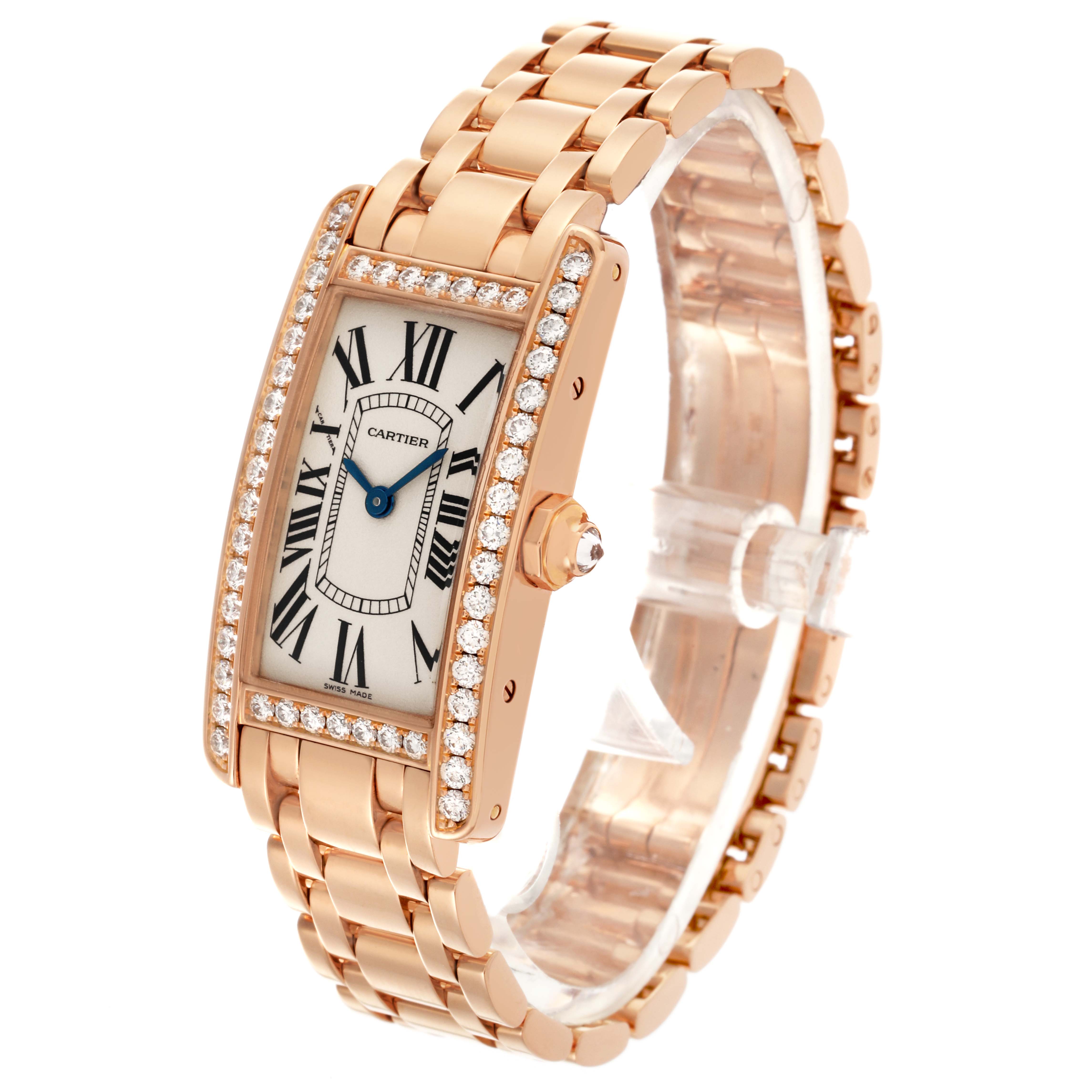 The Cartier Tank Americaine WB7079M5 Women's Rose Gold Silver Dial WB7079M5 Women's Rose Gold Silver Dial watch is shown at a three-quarter angle, highlighting the face, bezel, crown, and bracelet.