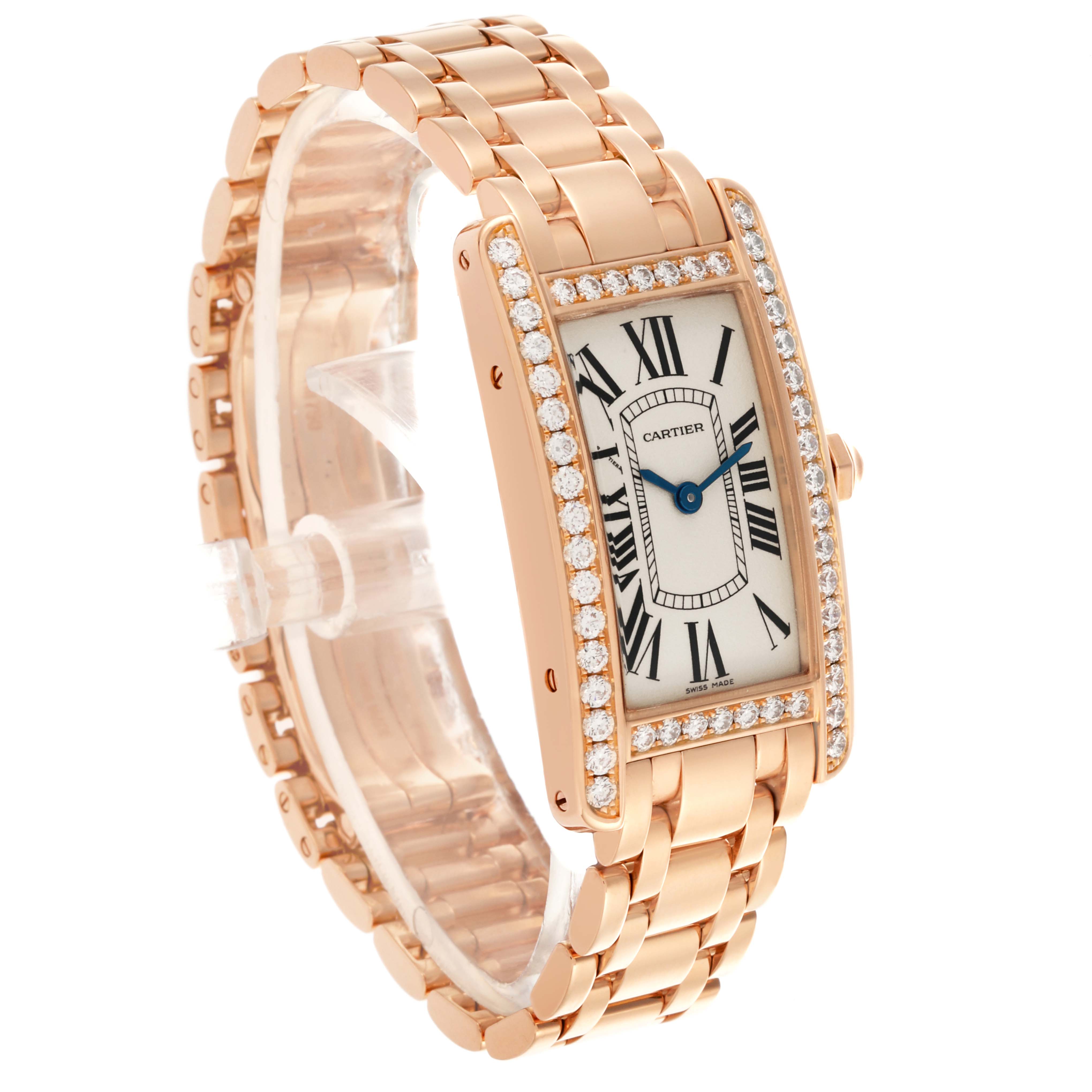 The Cartier Tank Americaine WB7079M5 Women's Rose Gold Silver Dial WB7079M5 Women's Rose Gold Silver Dial watch is shown at an angle highlighting the face, bracelet, and diamond-studded bezel.