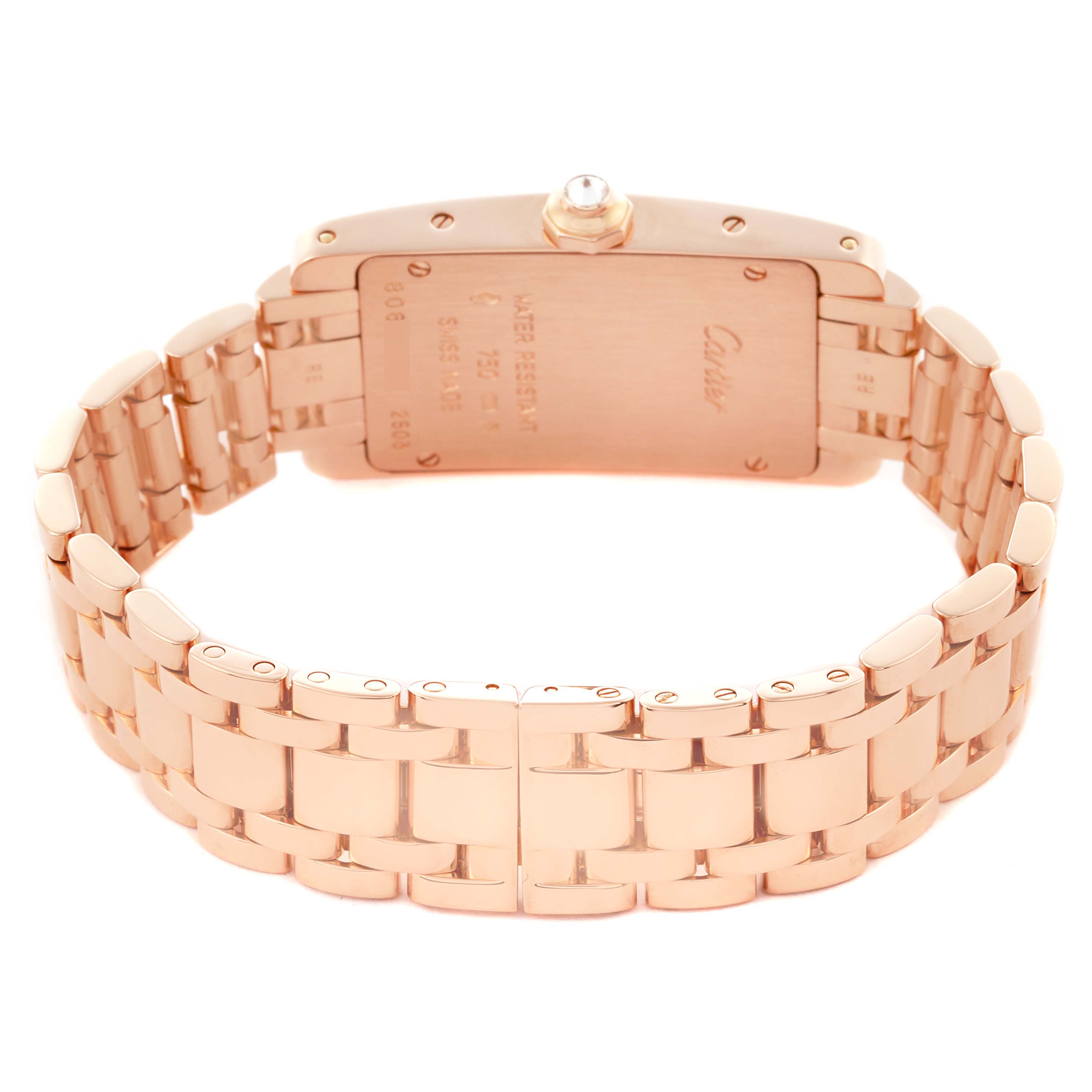 The image shows the back and bracelet of the Cartier Tank Americaine WB7079M5 Women's Rose Gold Silver Dial WB7079M5 Women's Rose Gold Silver Dial watch, highlighting the clasp and case back details.