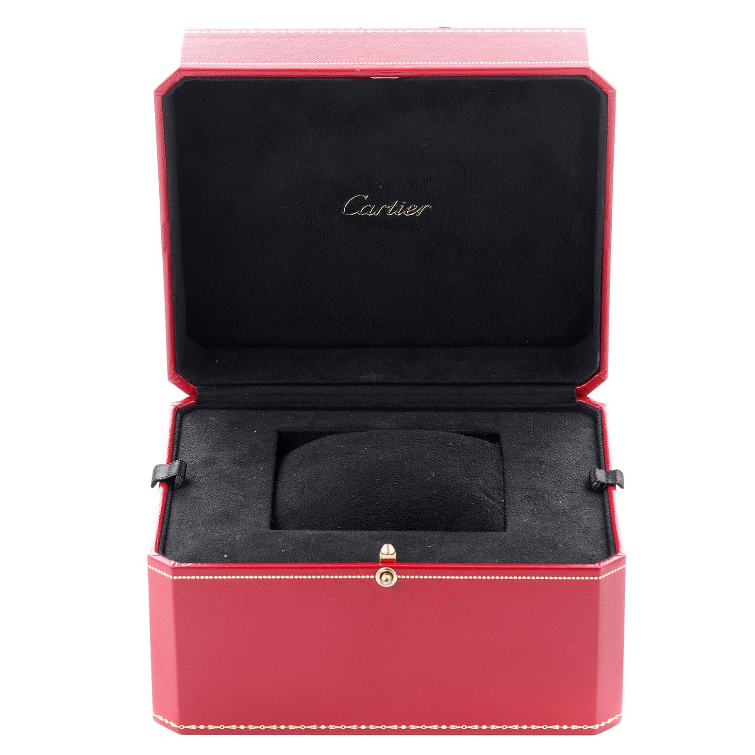 The image shows an open Cartier watch box for the Tank Americaine model, with a black interior and red exterior.