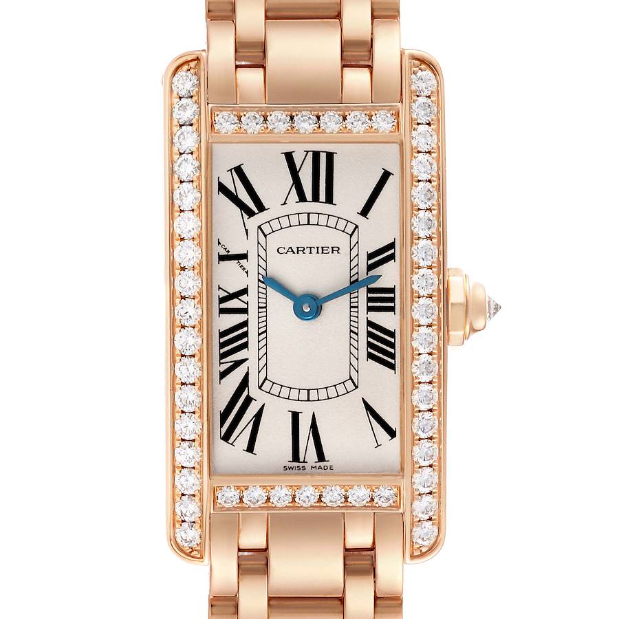 The Cartier Tank Américaine watch is shown from a top view, displaying the face, bracelet, and diamond-set bezel.