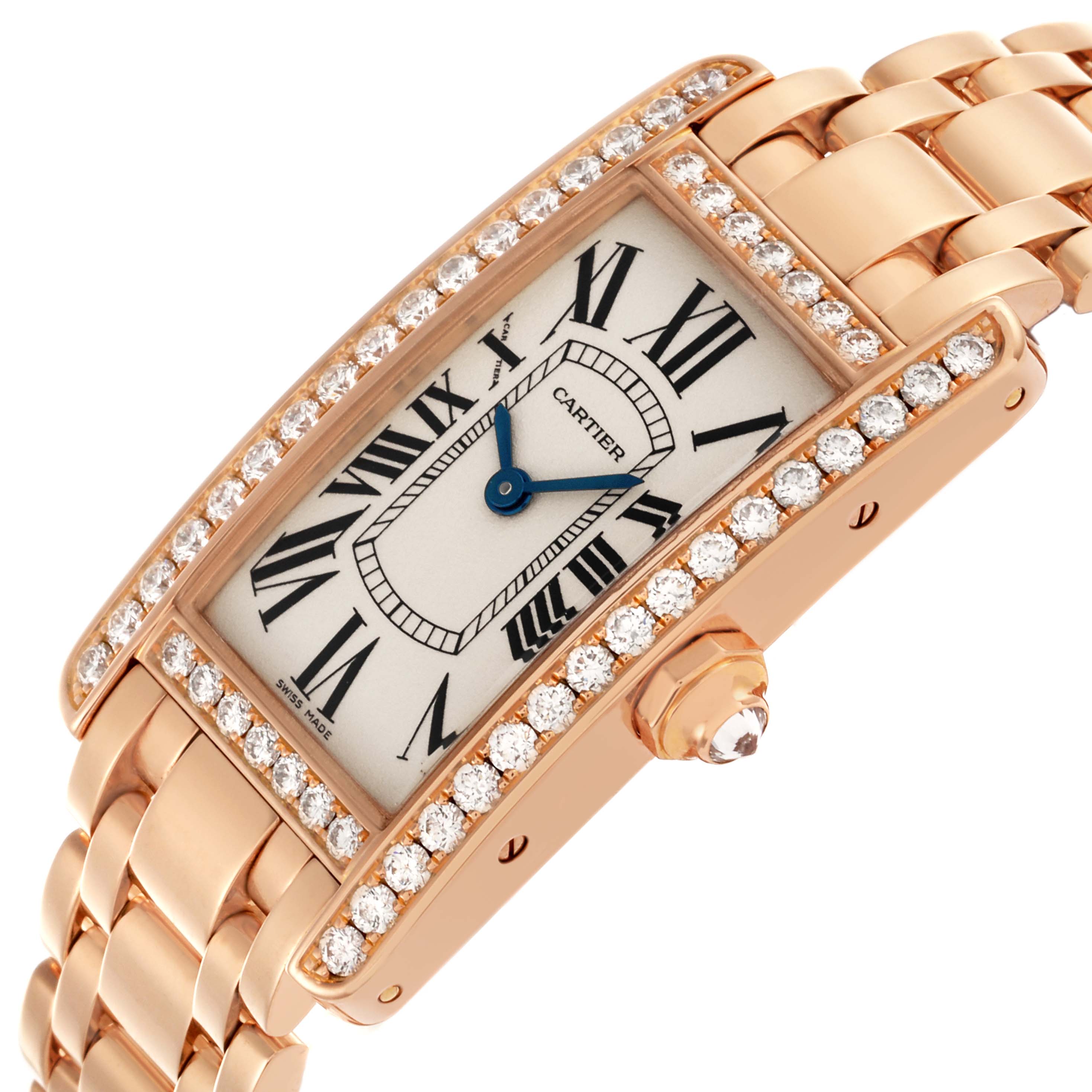 The Cartier Tank Américaine watch is shown at an angled close-up, highlighting the diamond bezel and gold bracelet.