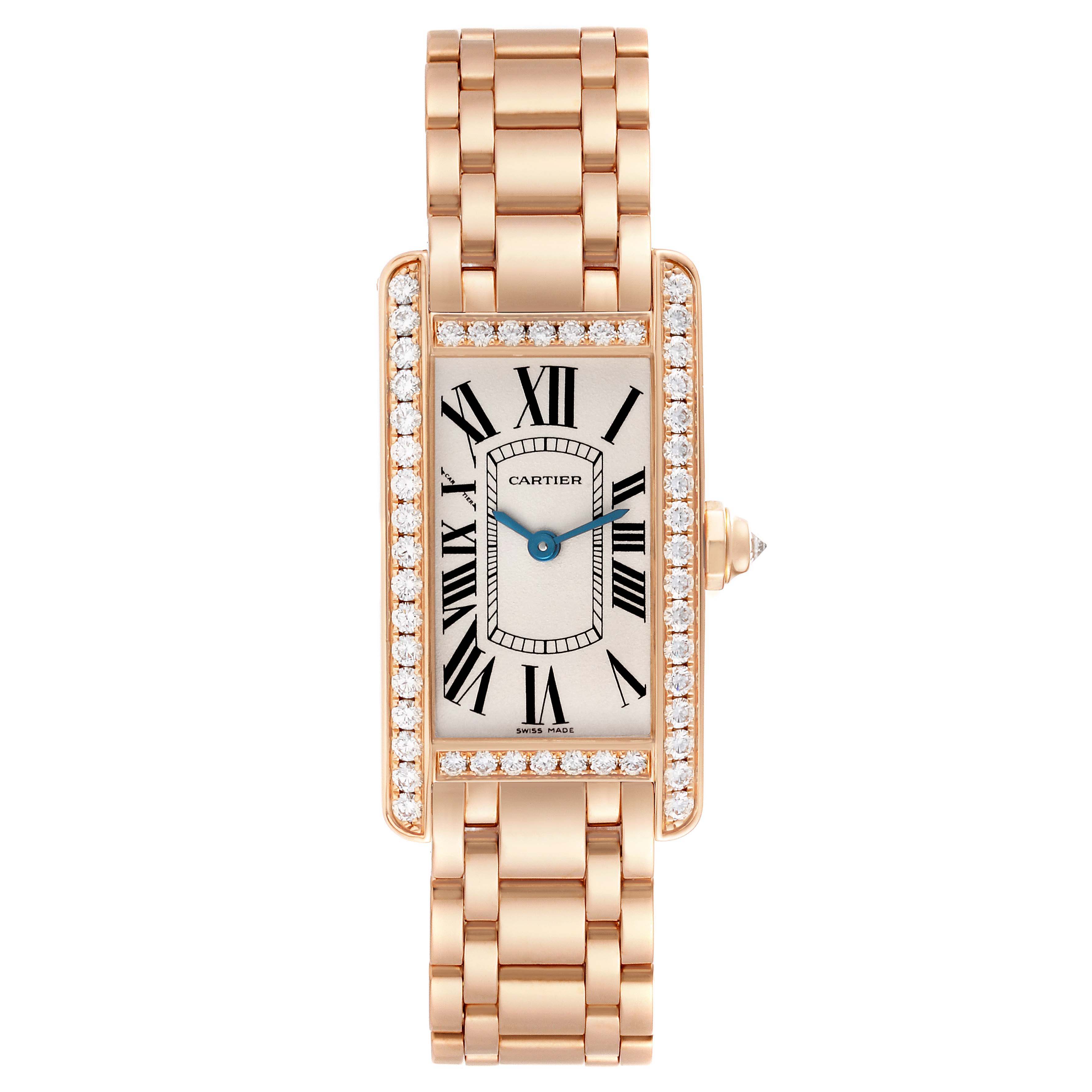 The Cartier Tank Americaine WB7079M5 Women's Rose Gold Silver Dial WB7079M5 Women's Rose Gold Silver Dial watch is shown from the front, displaying its face, bezel, and bracelet.