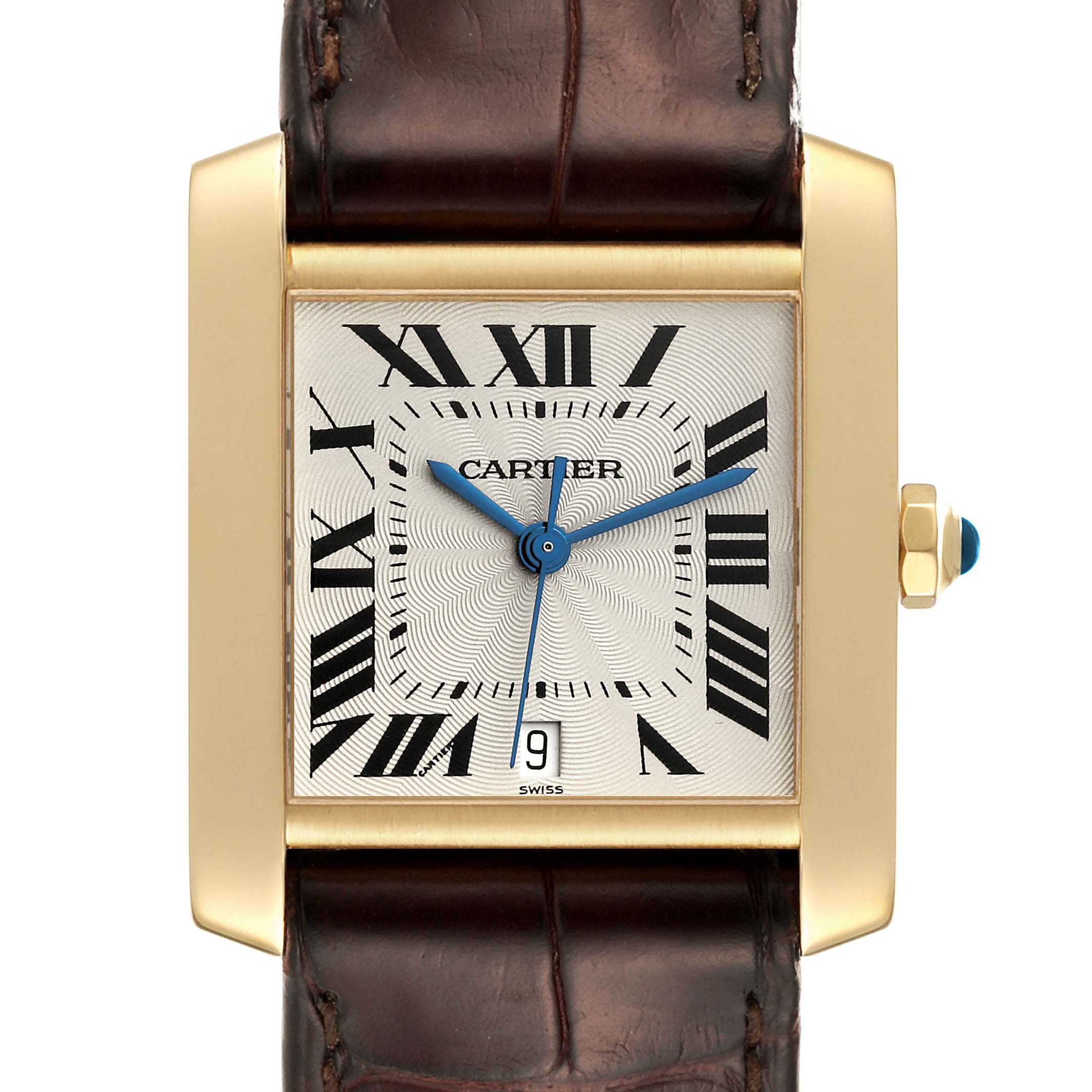 The image shows a head-on view of the Cartier Tank Française watch, highlighting its face, hands, bezel, and part of the strap.
