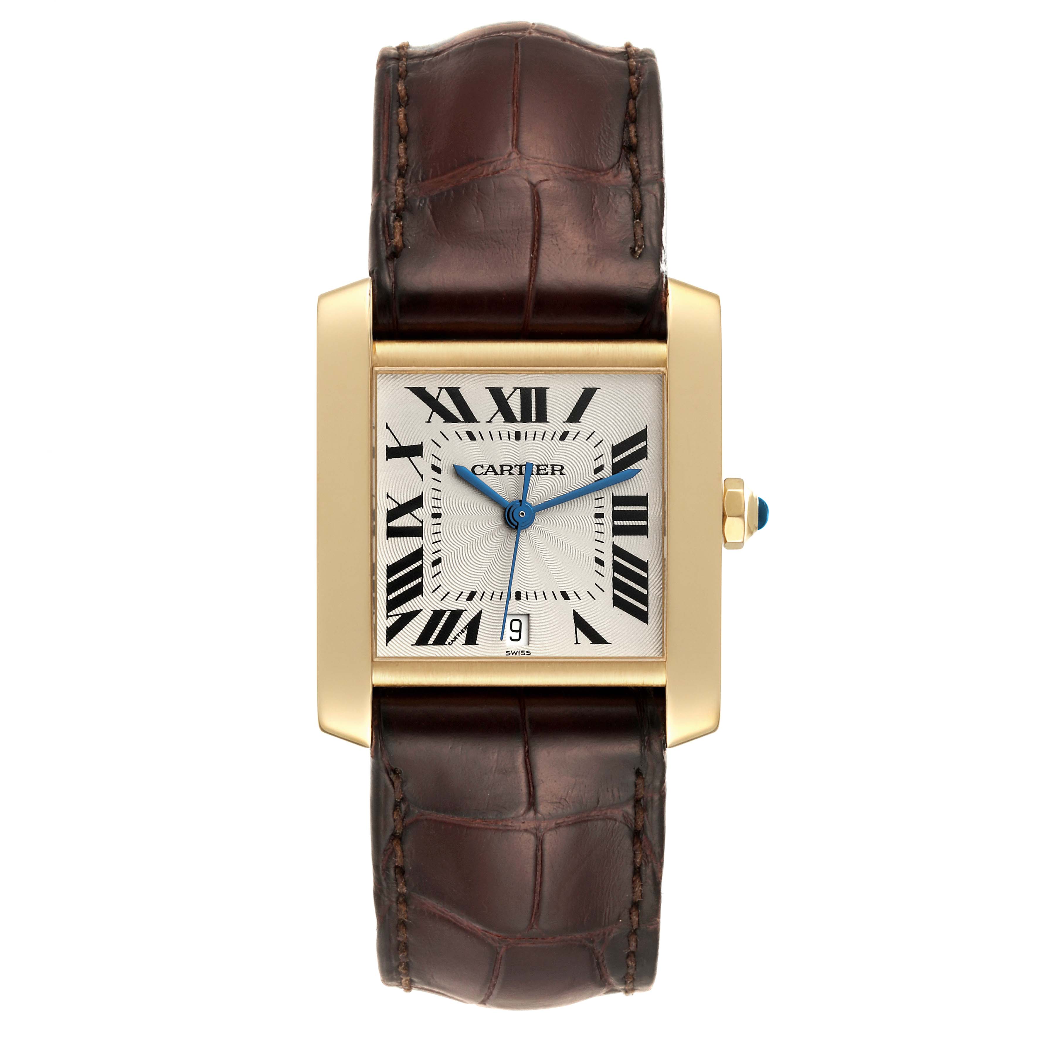 The image shows a front view of a Cartier Tank Française watch with a gold case and brown leather strap.
