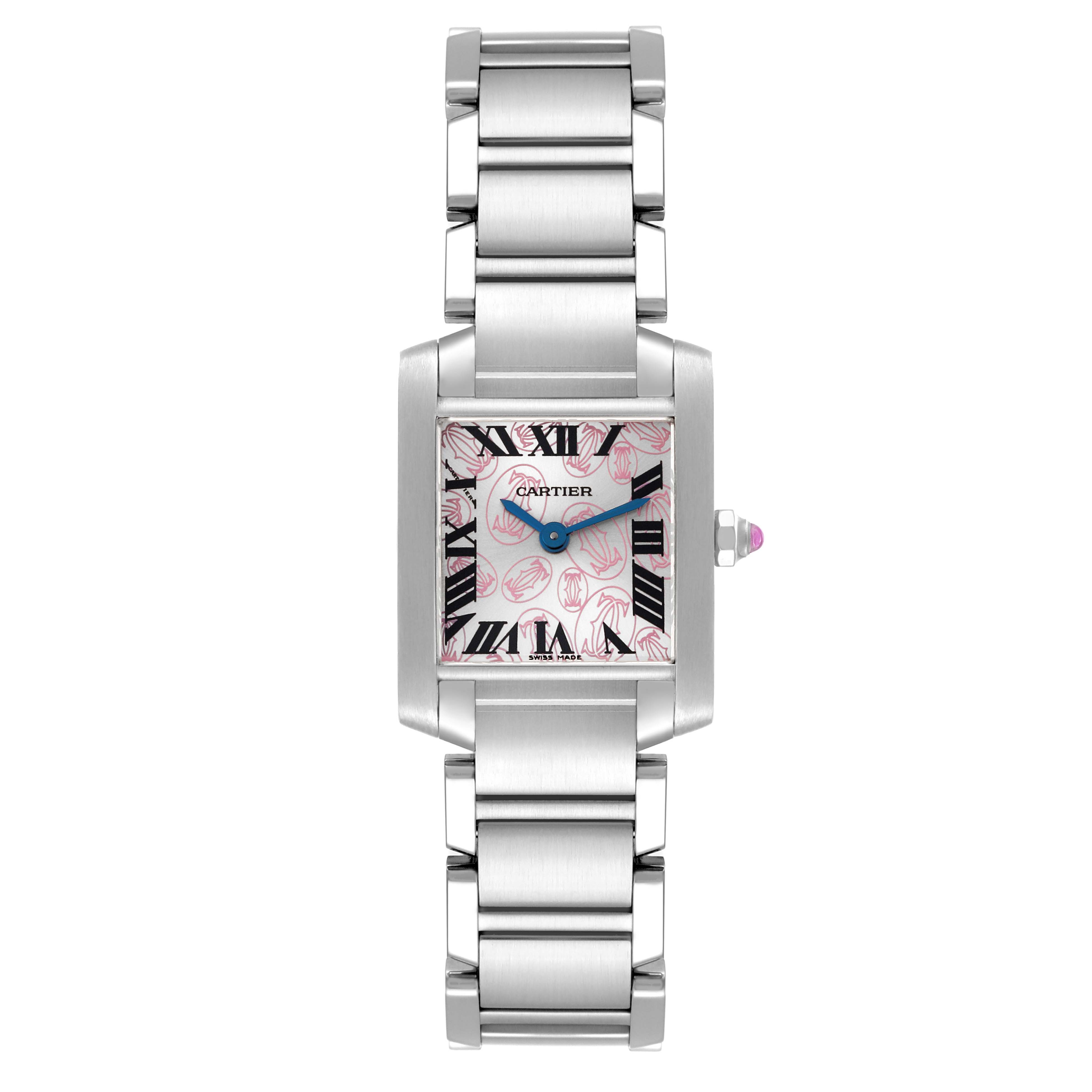 This image shows a face-on view of the Cartier Tank Francaise W51031Q3 Women's Stainless Steel Silver Dial W51031Q3 Women's Stainless Steel Silver Dial watch, highlighting its dial, hands, bracelet, and crown.